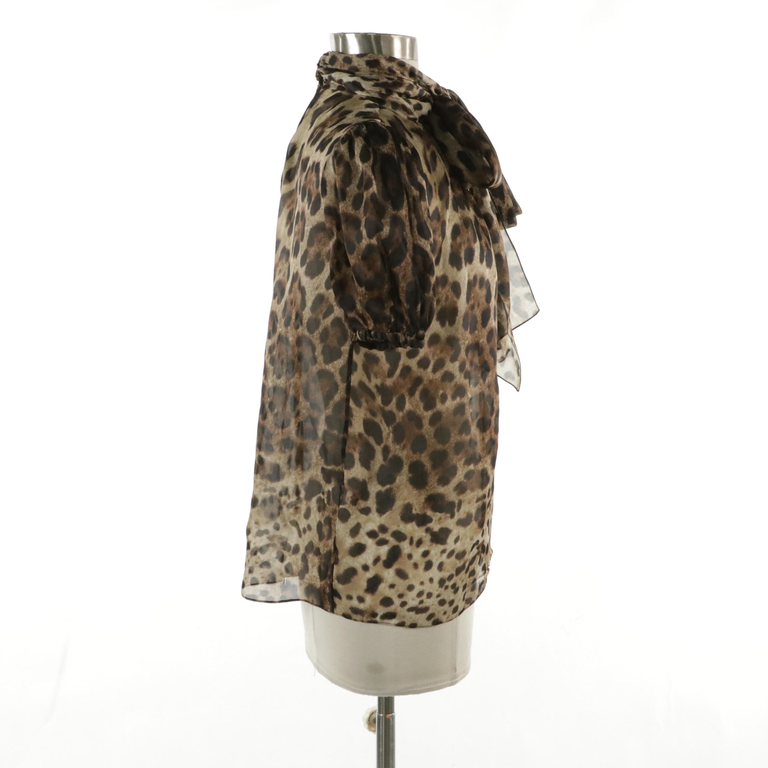 Dolce & Gabbana Leopard Print Sheer Silk Tie-Neck Blouse