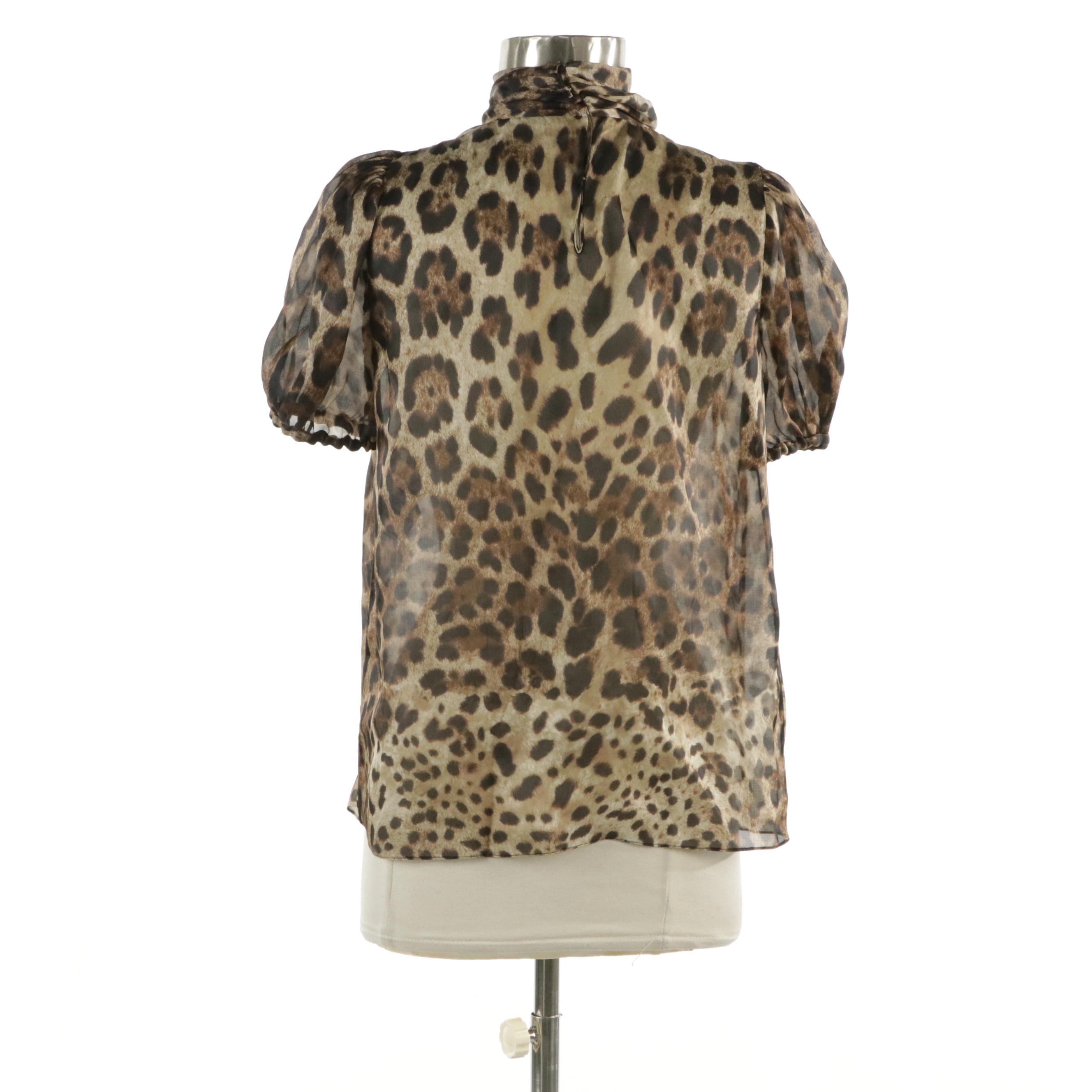 Dolce & Gabbana Leopard Print Sheer Silk Tie-Neck Blouse