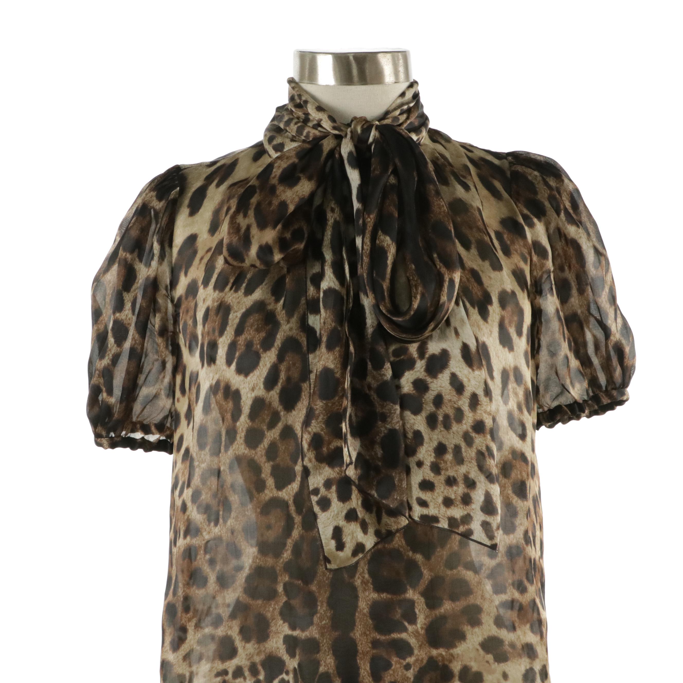 Dolce & Gabbana Leopard Print Sheer Silk Tie-Neck Blouse