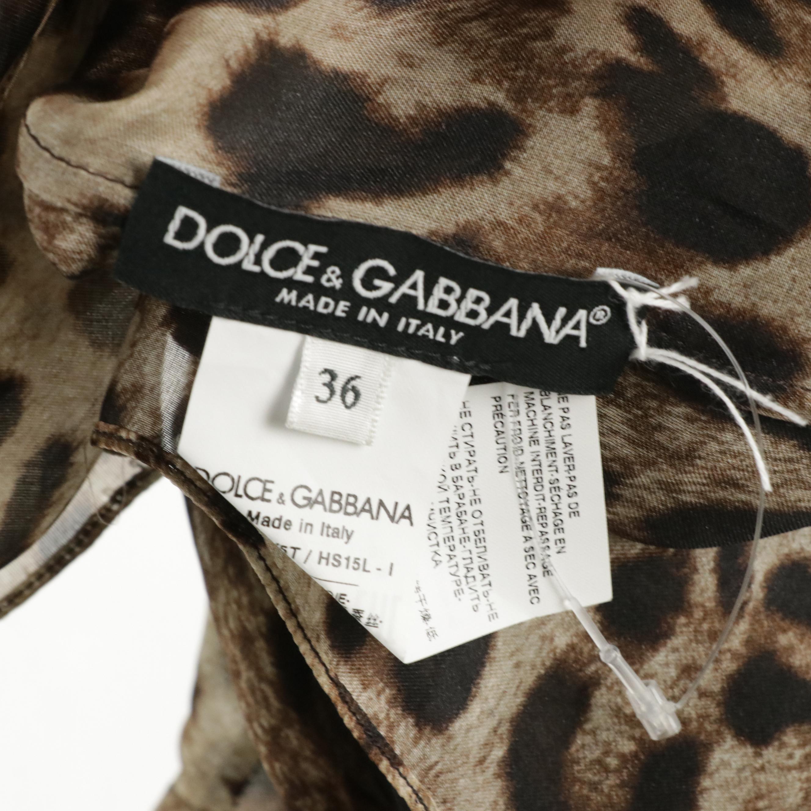 Dolce & Gabbana Leopard Print Sheer Silk Tie-Neck Blouse