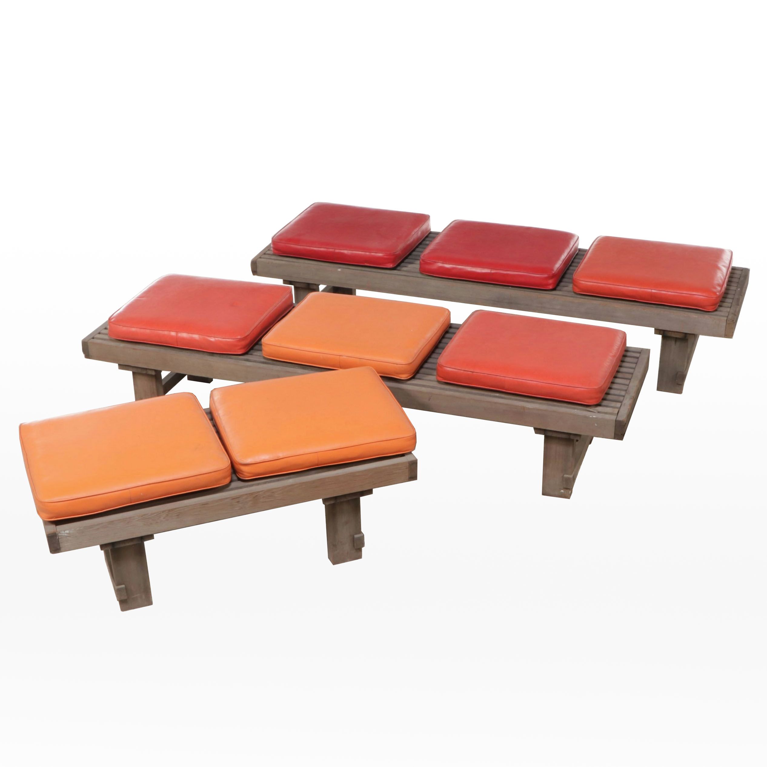 Mid Century Modern Style Slatted Teak Benches with Vinyl Cushions