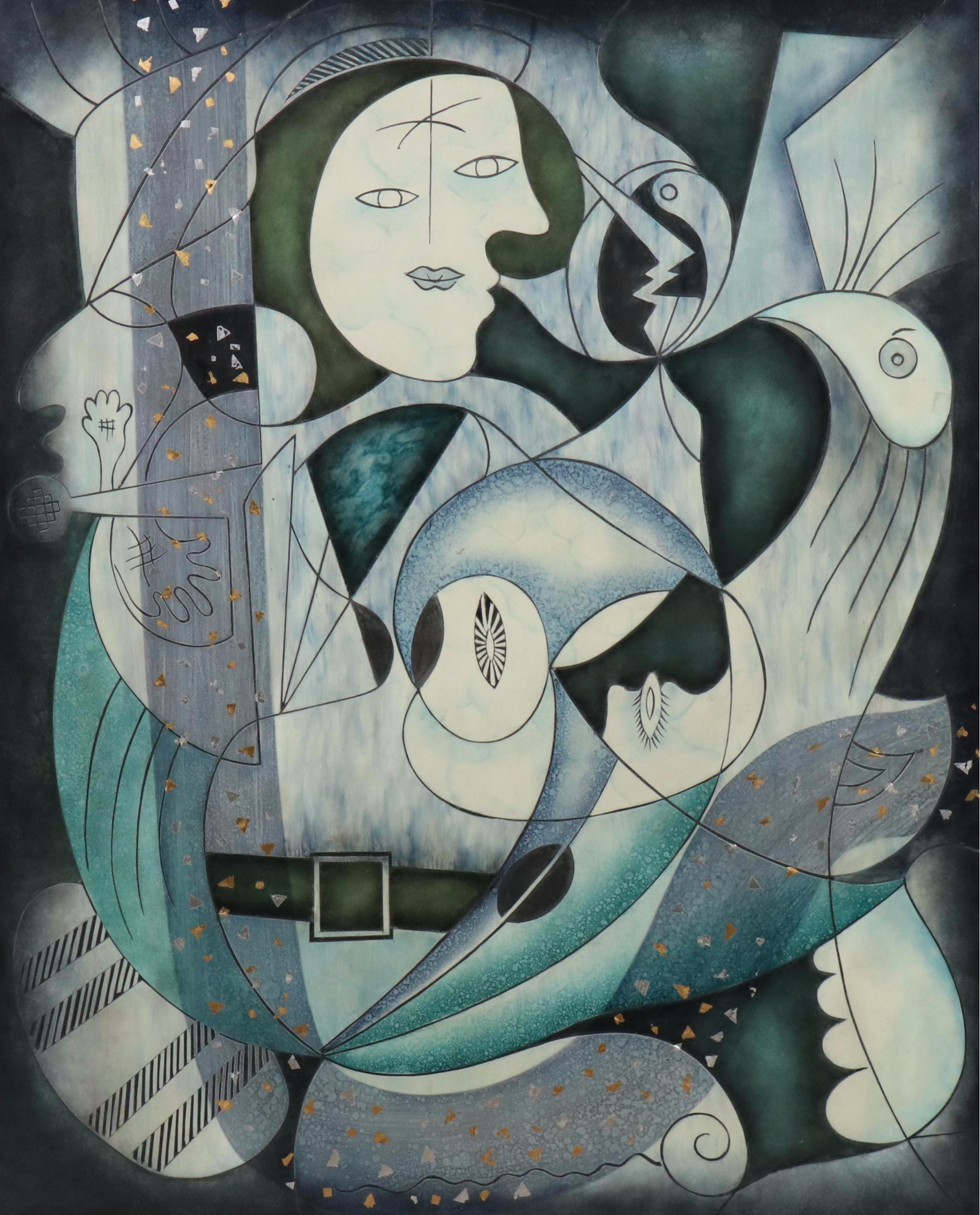 Cubist Style Figurative Mixed Media Carved Panel