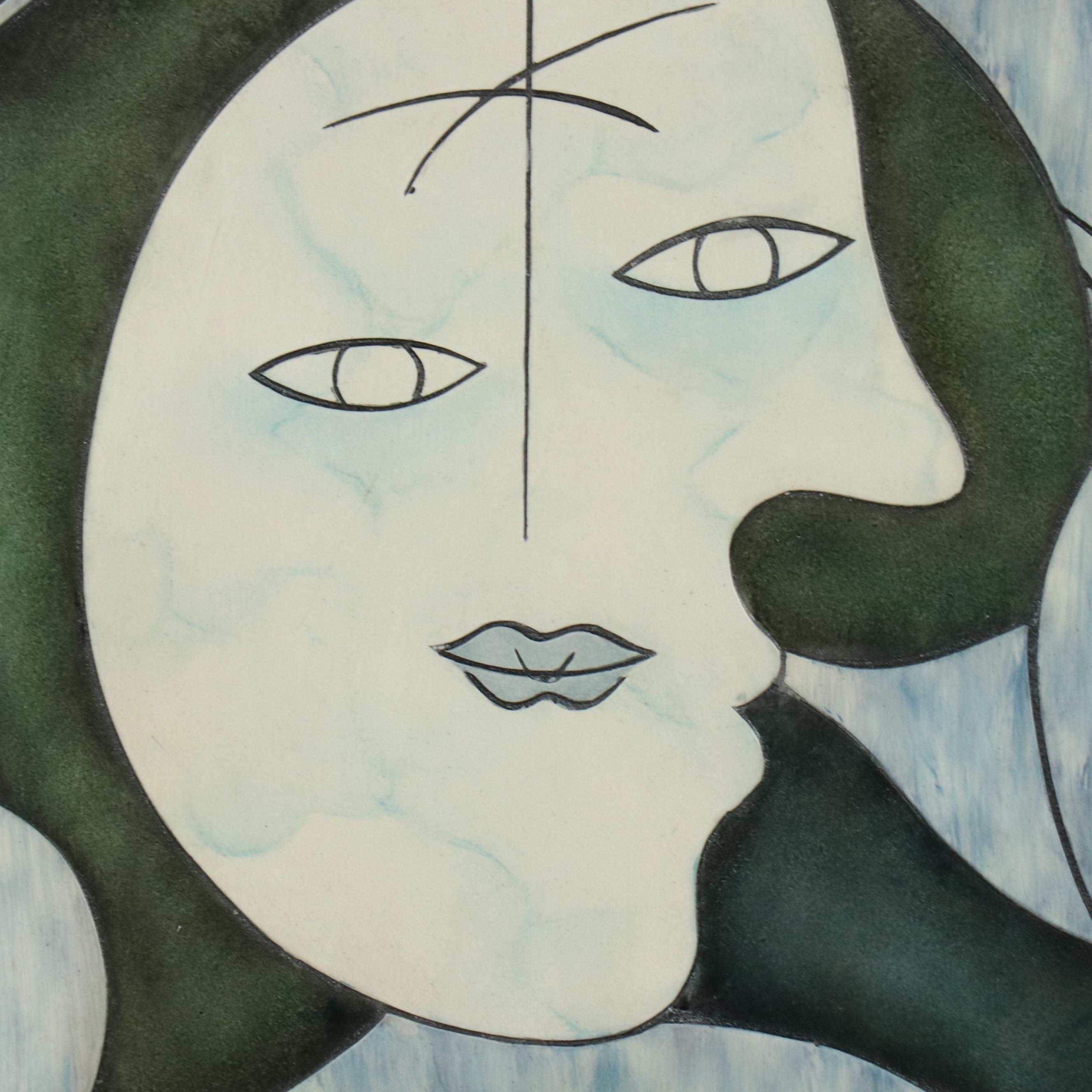 Cubist Style Figurative Mixed Media Carved Panel
