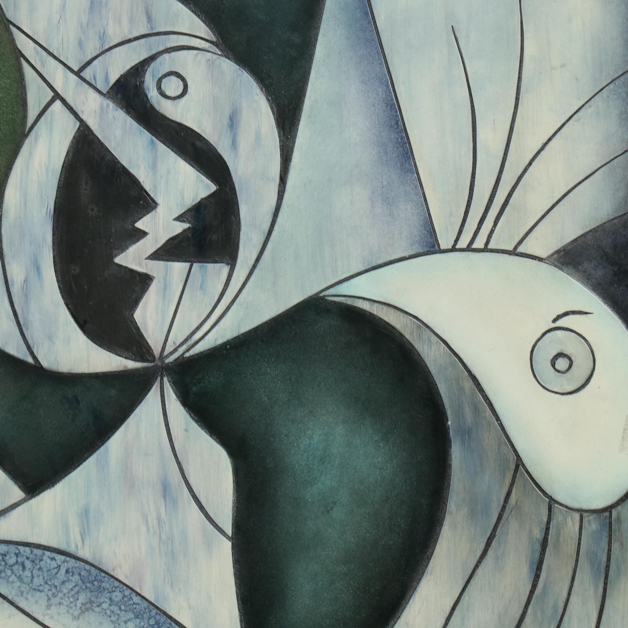 Cubist Style Figurative Mixed Media Carved Panel