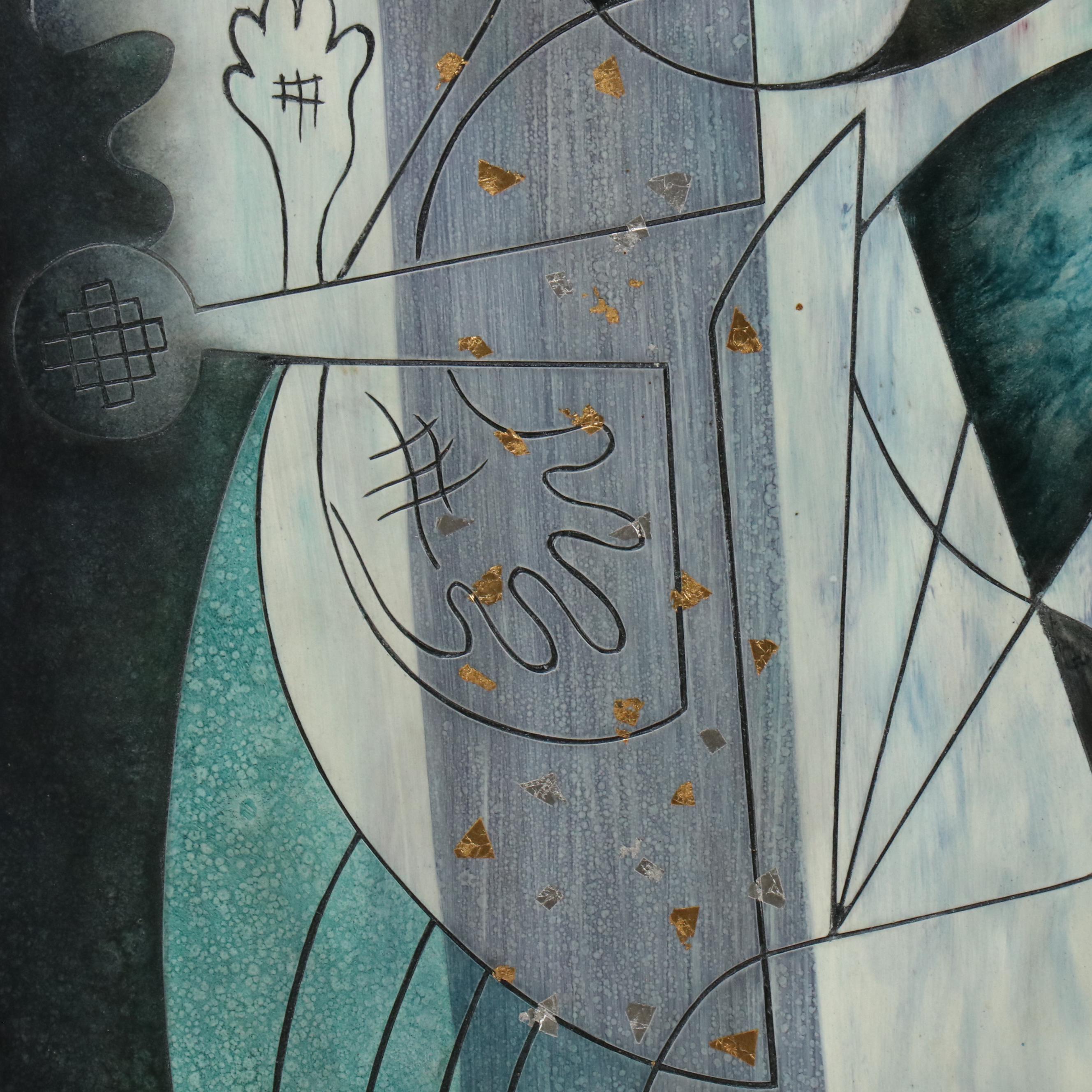 Cubist Style Figurative Mixed Media Carved Panel