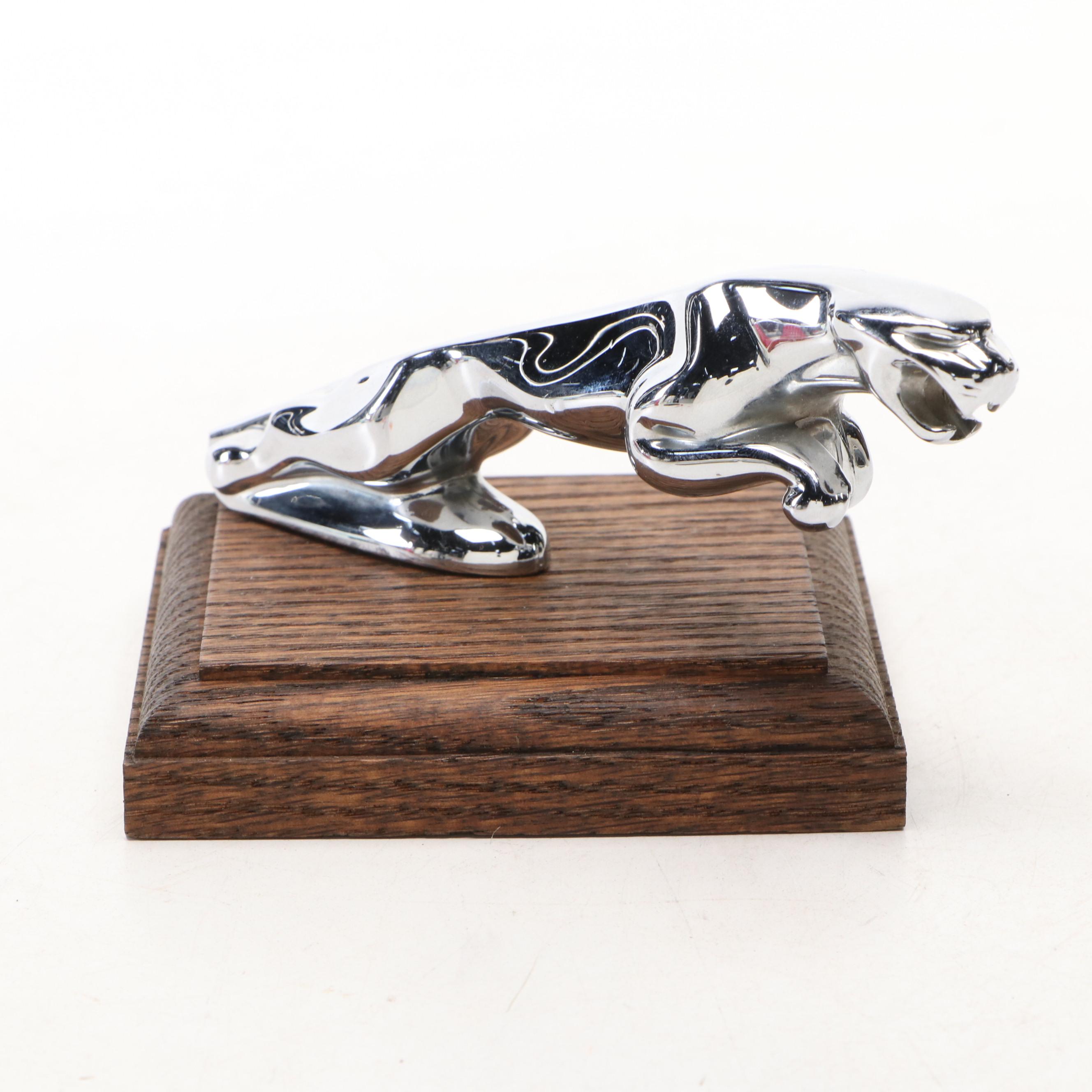 Vintage Jaguar Chrome Hood Ornament on Oak Base