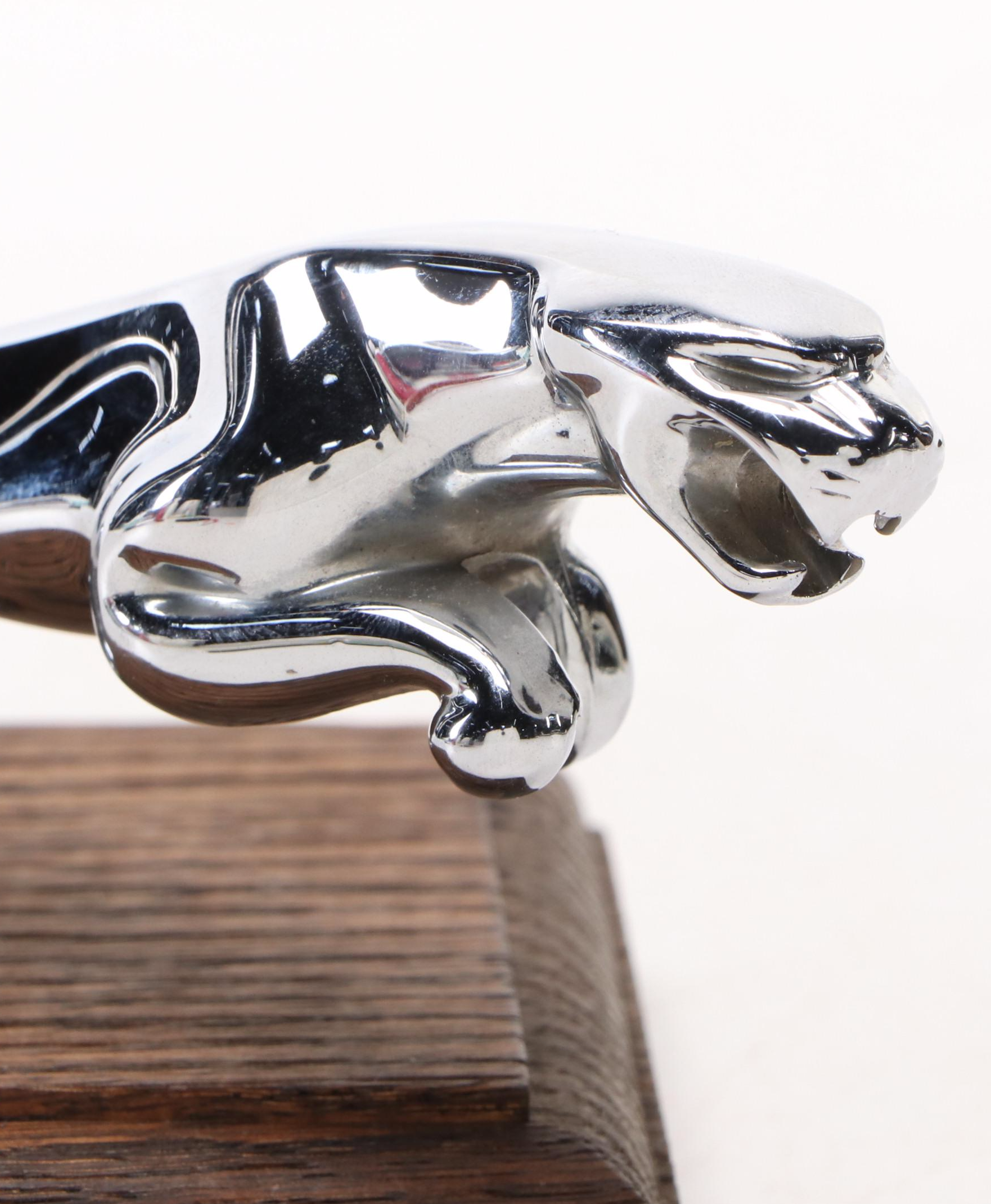 Vintage Jaguar Chrome Hood Ornament on Oak Base