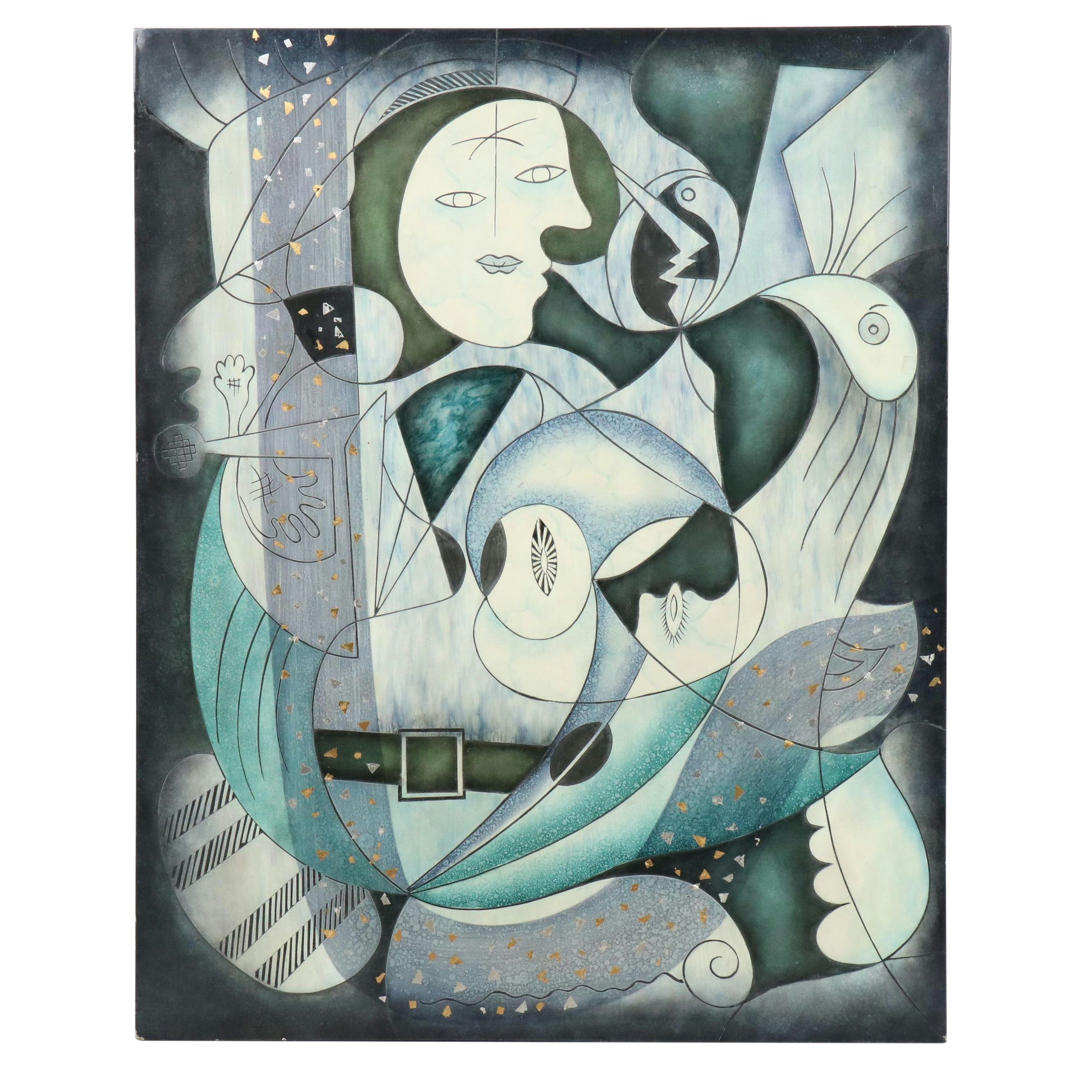Cubist Style Figurative Mixed Media Carved Panel