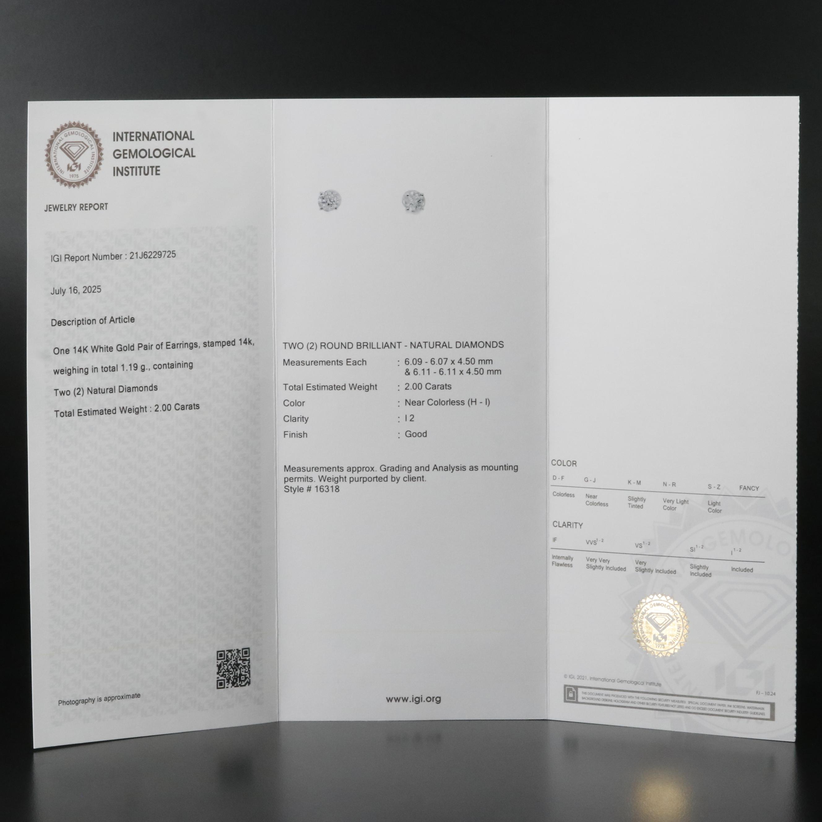 14K 2.00 CTW Diamond Stud Earrings with IGI Report