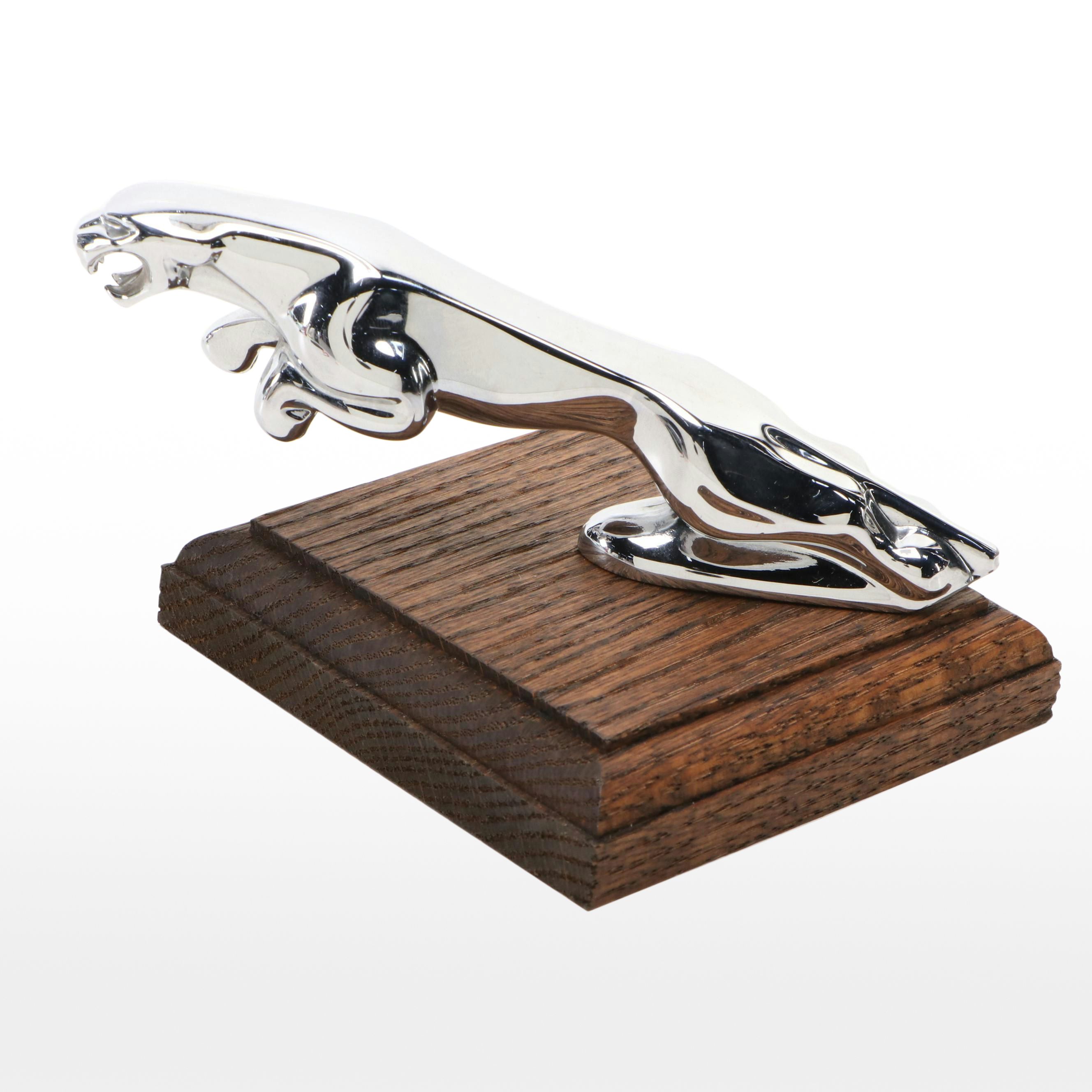 Vintage Jaguar Chrome Hood Ornament on Oak Base