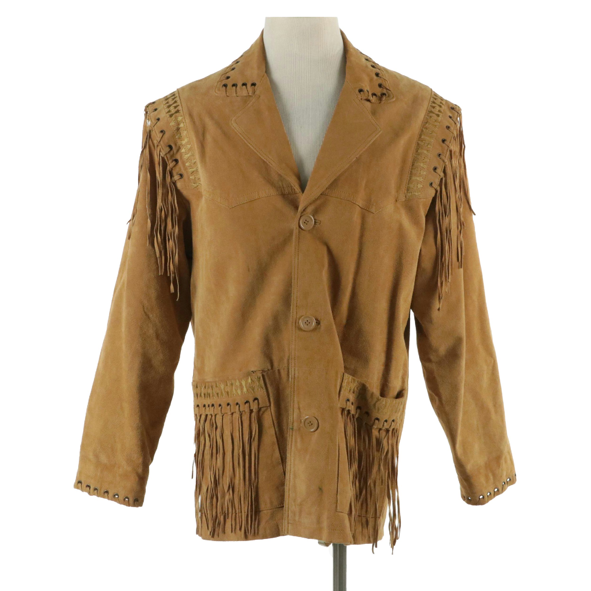 Men's Excelled Embroidered and Grommet Embellished Fringe Suede Jacket
