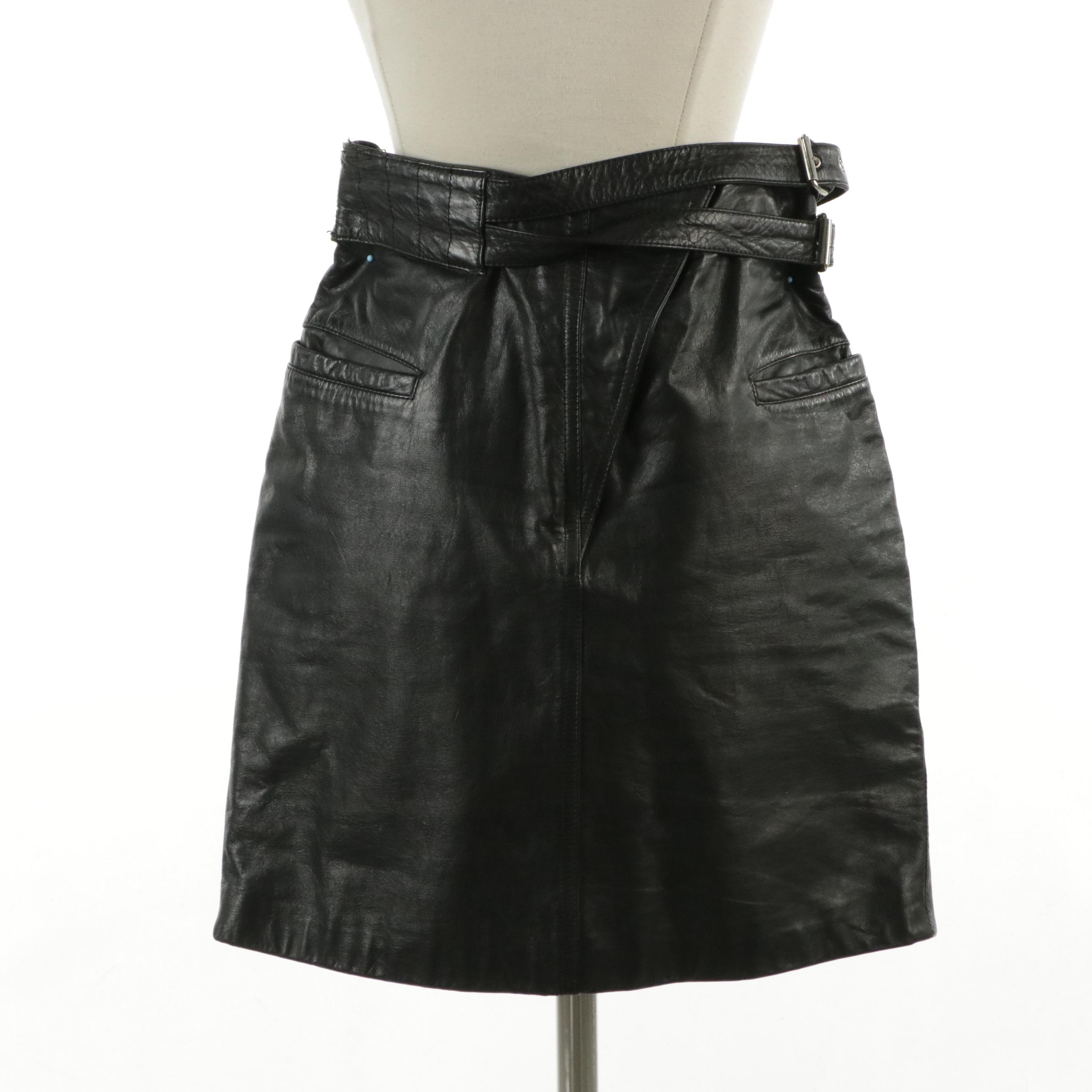 Specialé Mode Black Leather Belted Mini Skirt