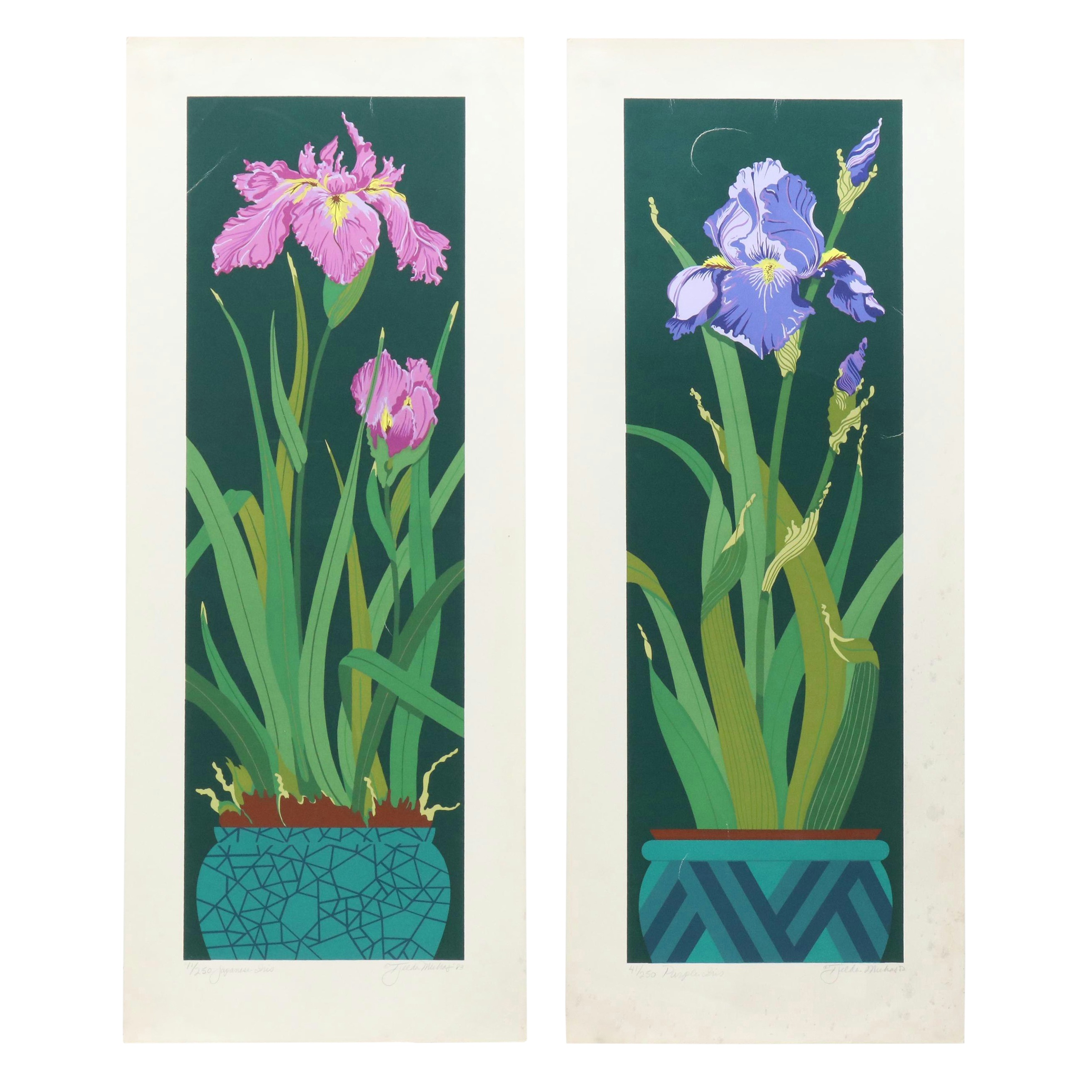 Tjelda Michas Serigraphs "Purple Iris" and "Japanese Iris," 1983