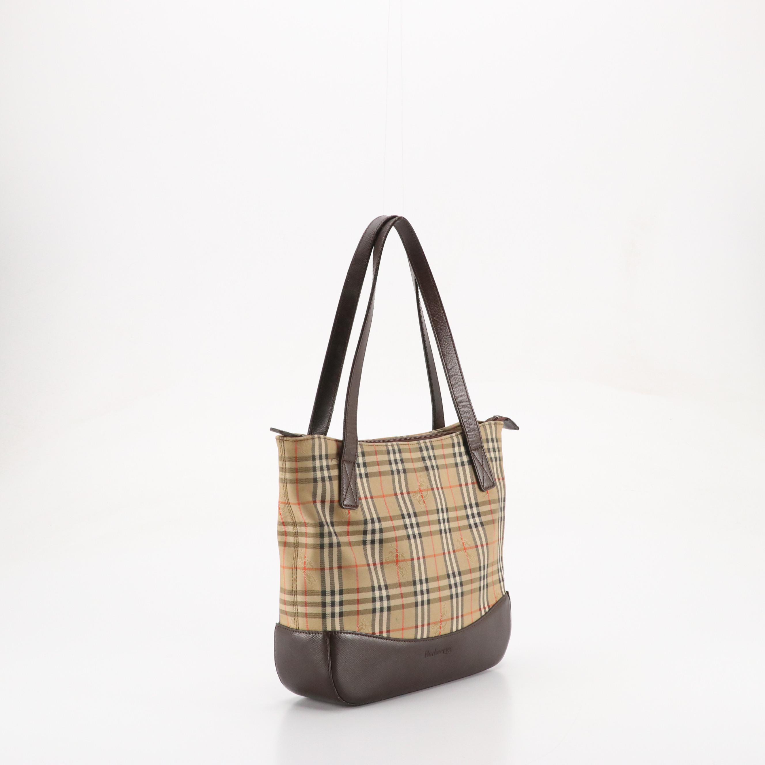 Burberrys Shoulder Bag in Haymarket Check Canvas and Dark Brown Saffiano Leather