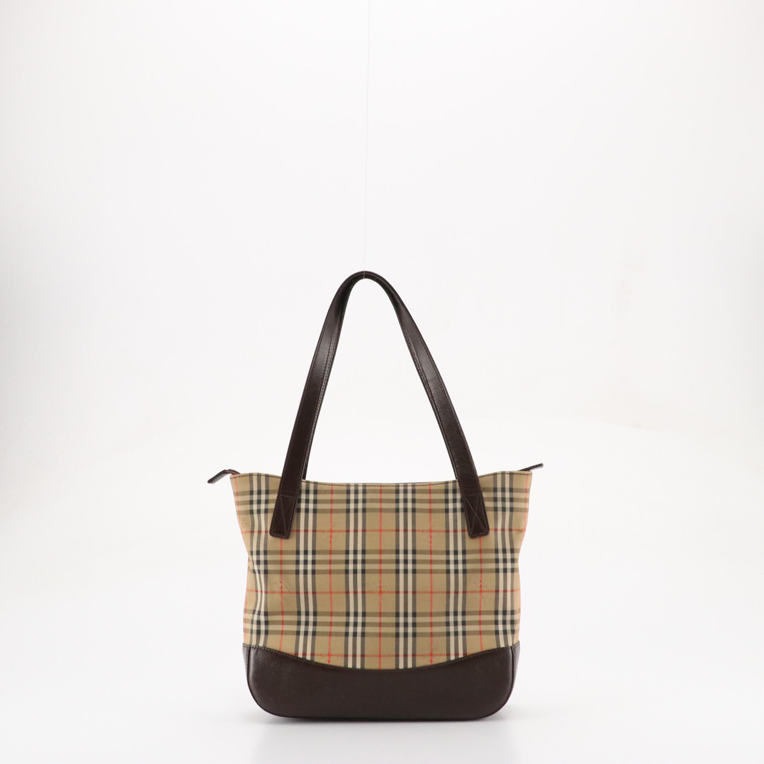 Burberrys Shoulder Bag in Haymarket Check Canvas and Dark Brown Saffiano Leather