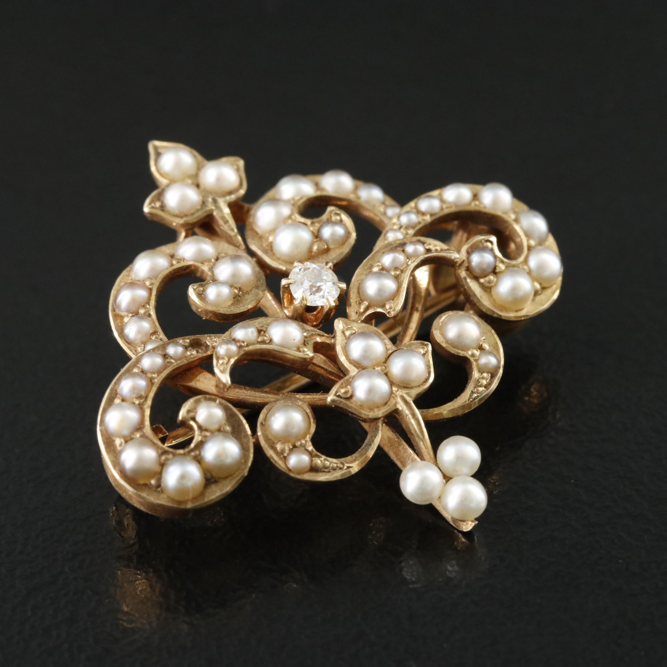 Antique 14K Diamond and Seed Pearl Pin, Late 19th Century