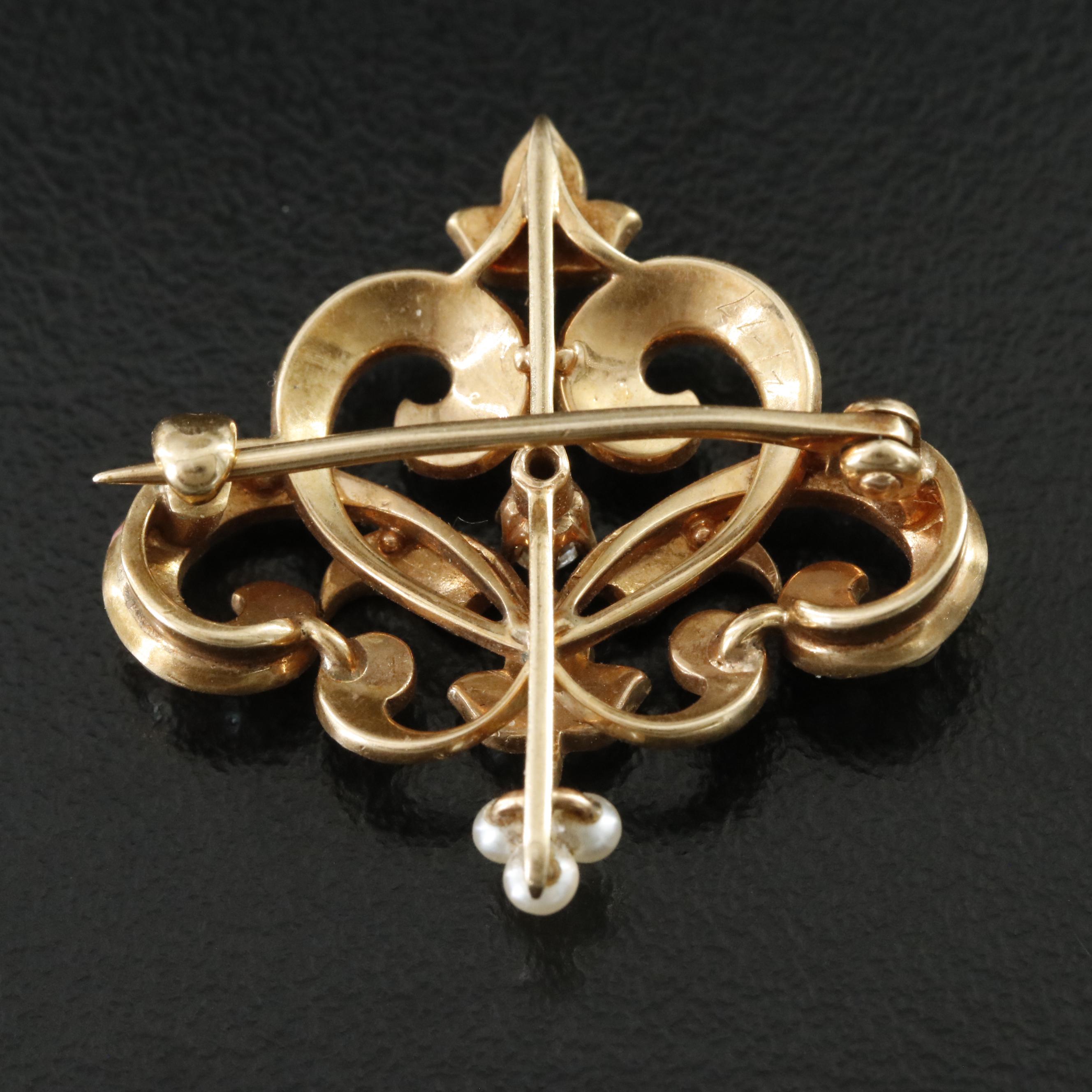 Antique 14K Diamond and Seed Pearl Pin, Late 19th Century