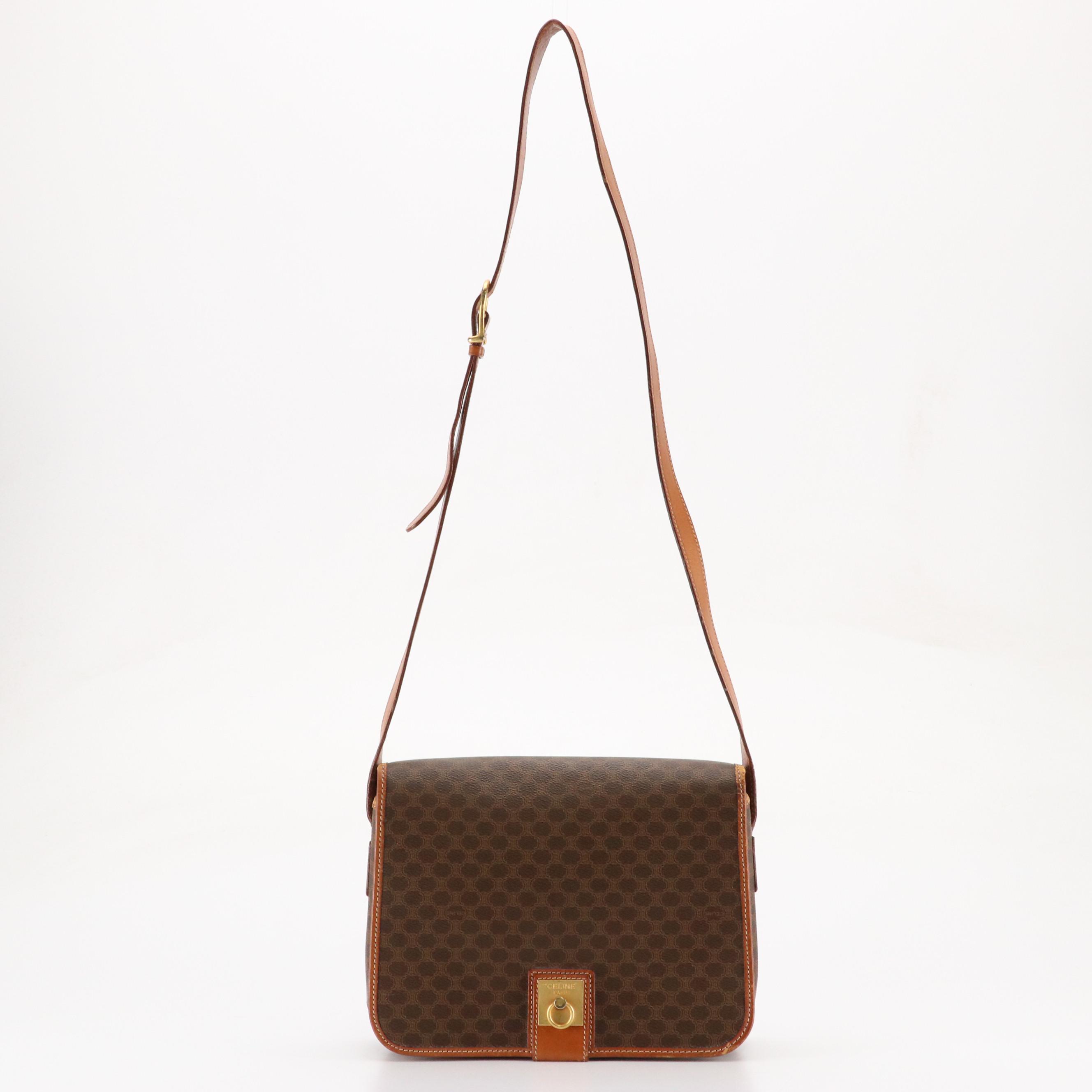 Celine Full Flap Crossbody Bag in Dark Brown Macadam Canvas and Leather