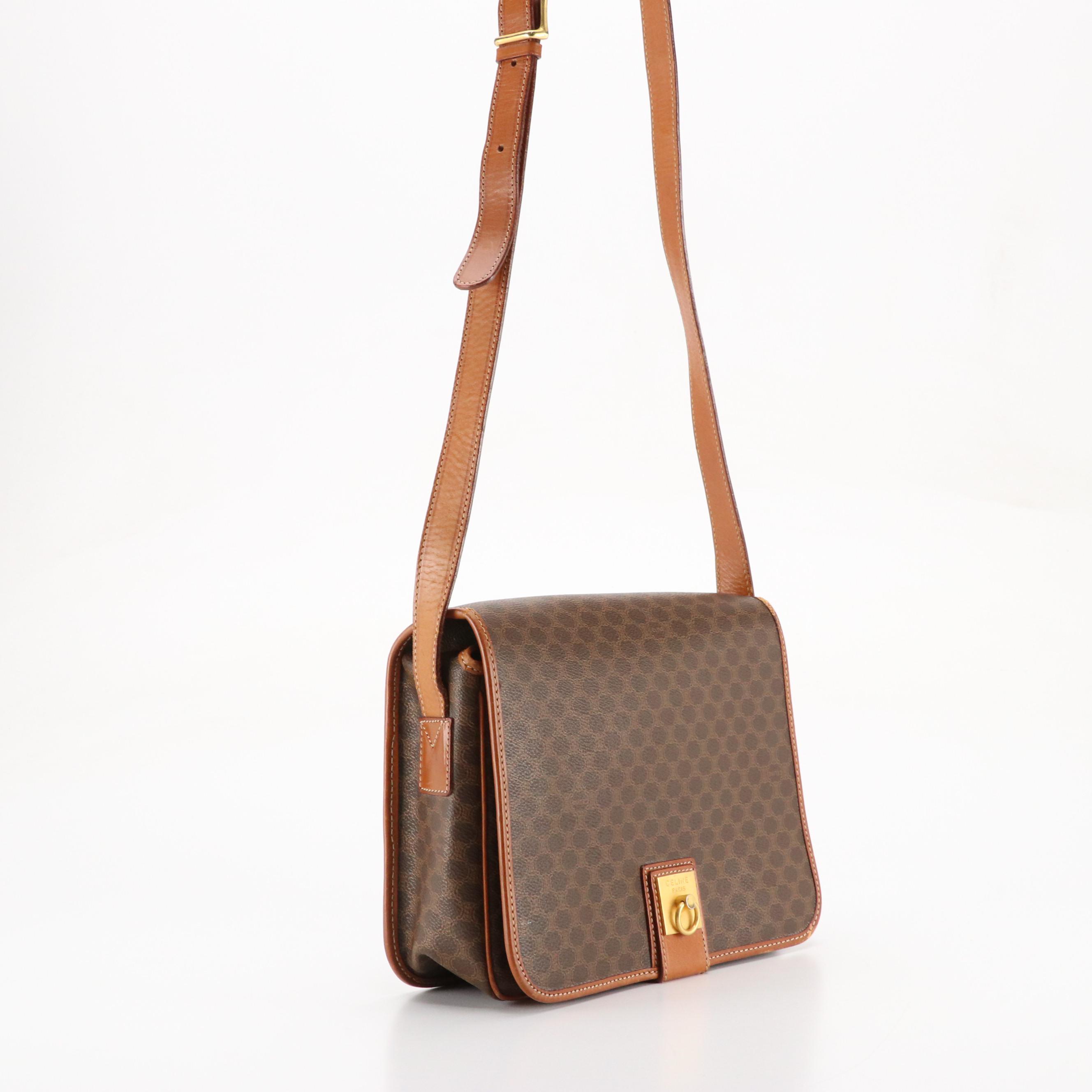Celine Full Flap Crossbody Bag in Dark Brown Macadam Canvas and Leather