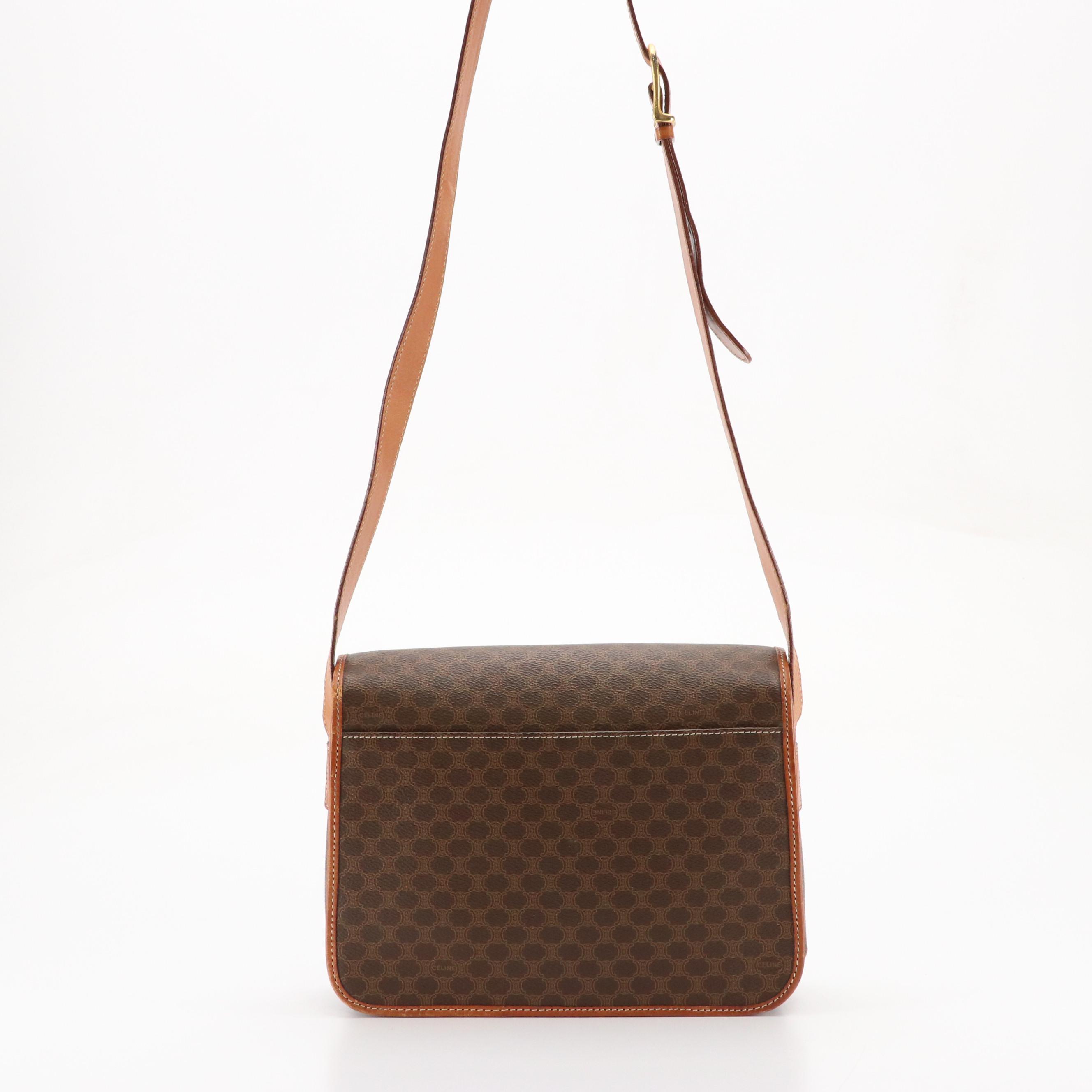 Celine Full Flap Crossbody Bag in Dark Brown Macadam Canvas and Leather