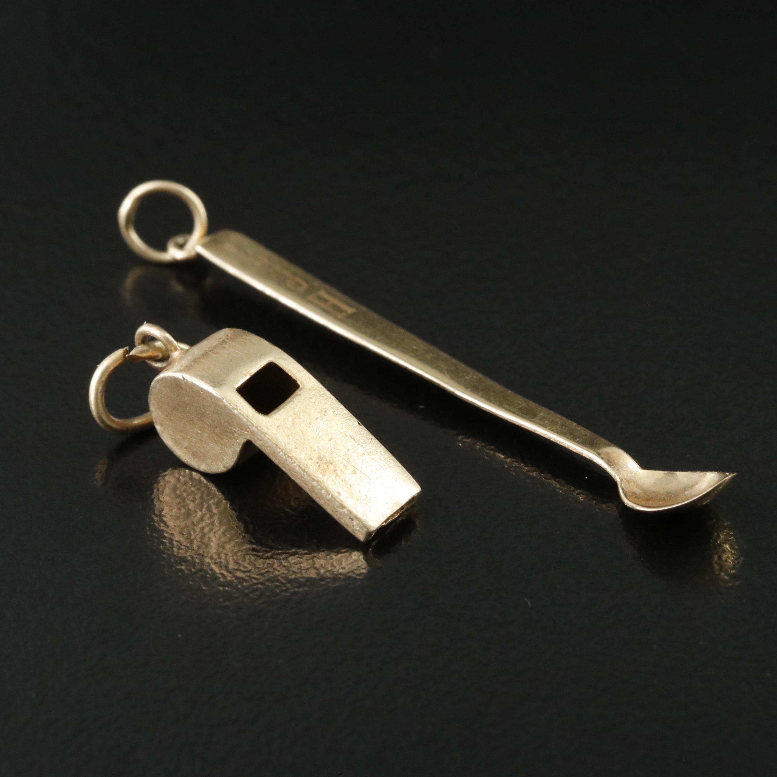 Vintage 14K Snuff Spoon and Whistle Charm Pendants
