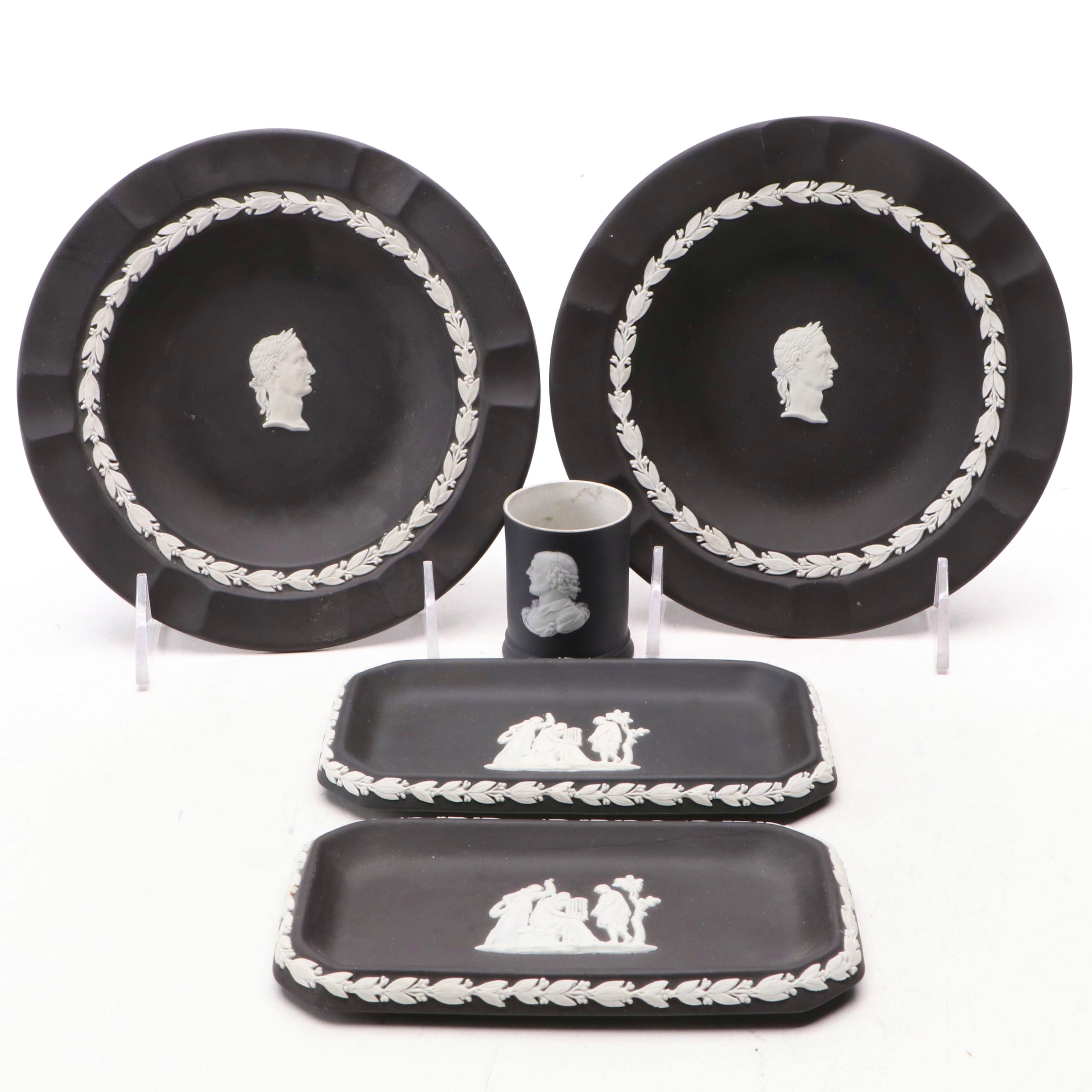 Wedgwood Black Jasperware Portrait Vase with Other Plates and Trays