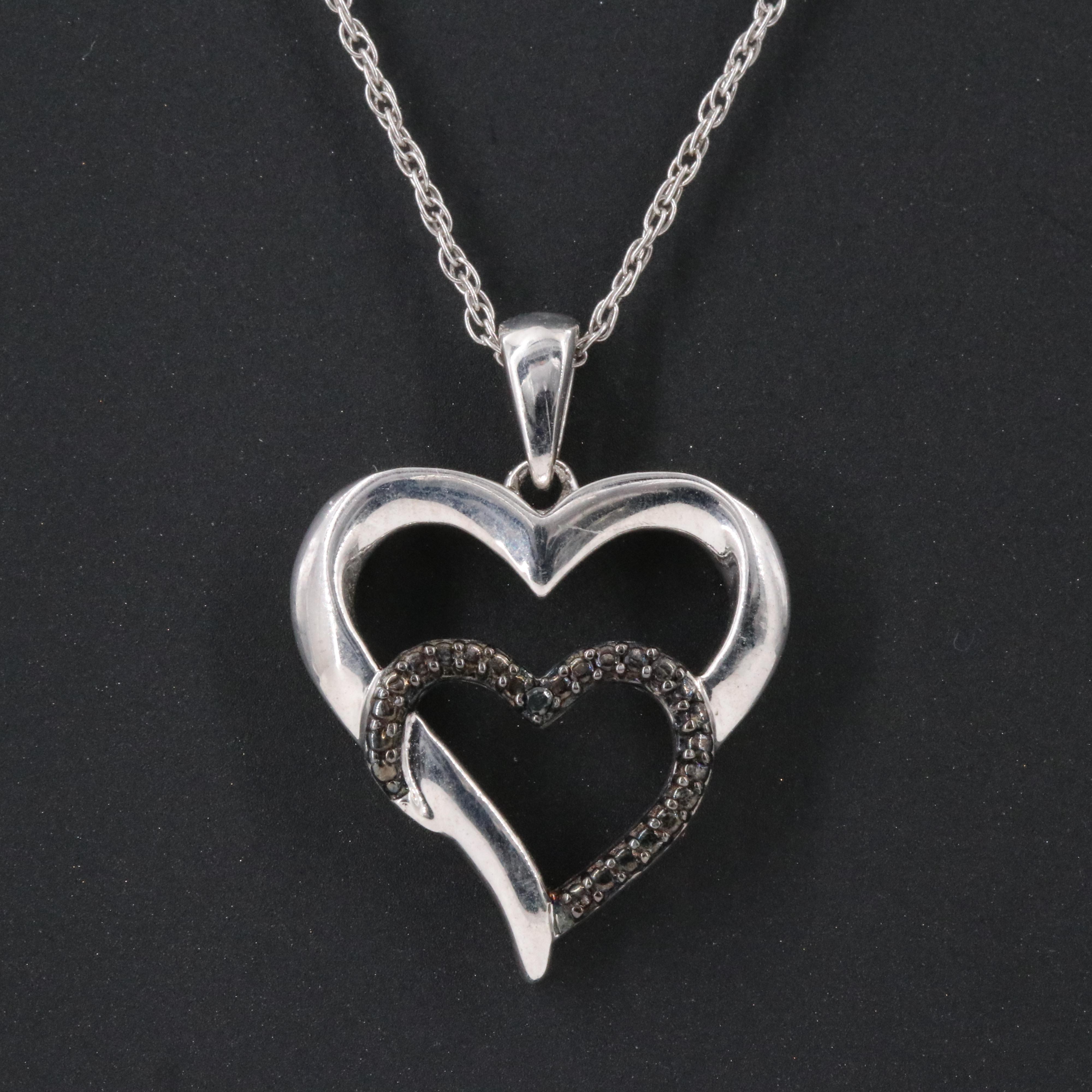 Sterling Diamond Double Heart Pendant Necklace