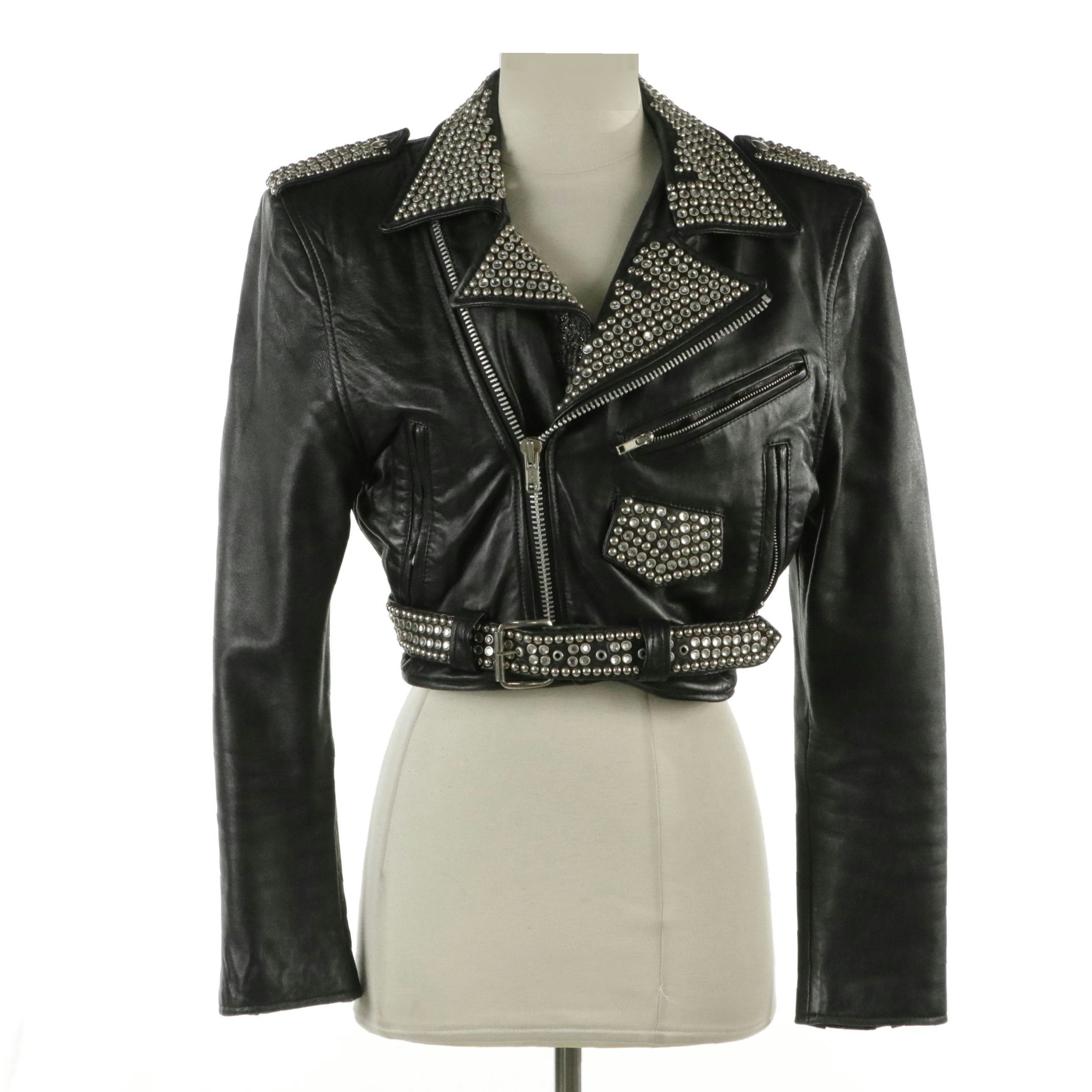 L.A. Roxx Studded Black Leather Cropped Moto Jacket