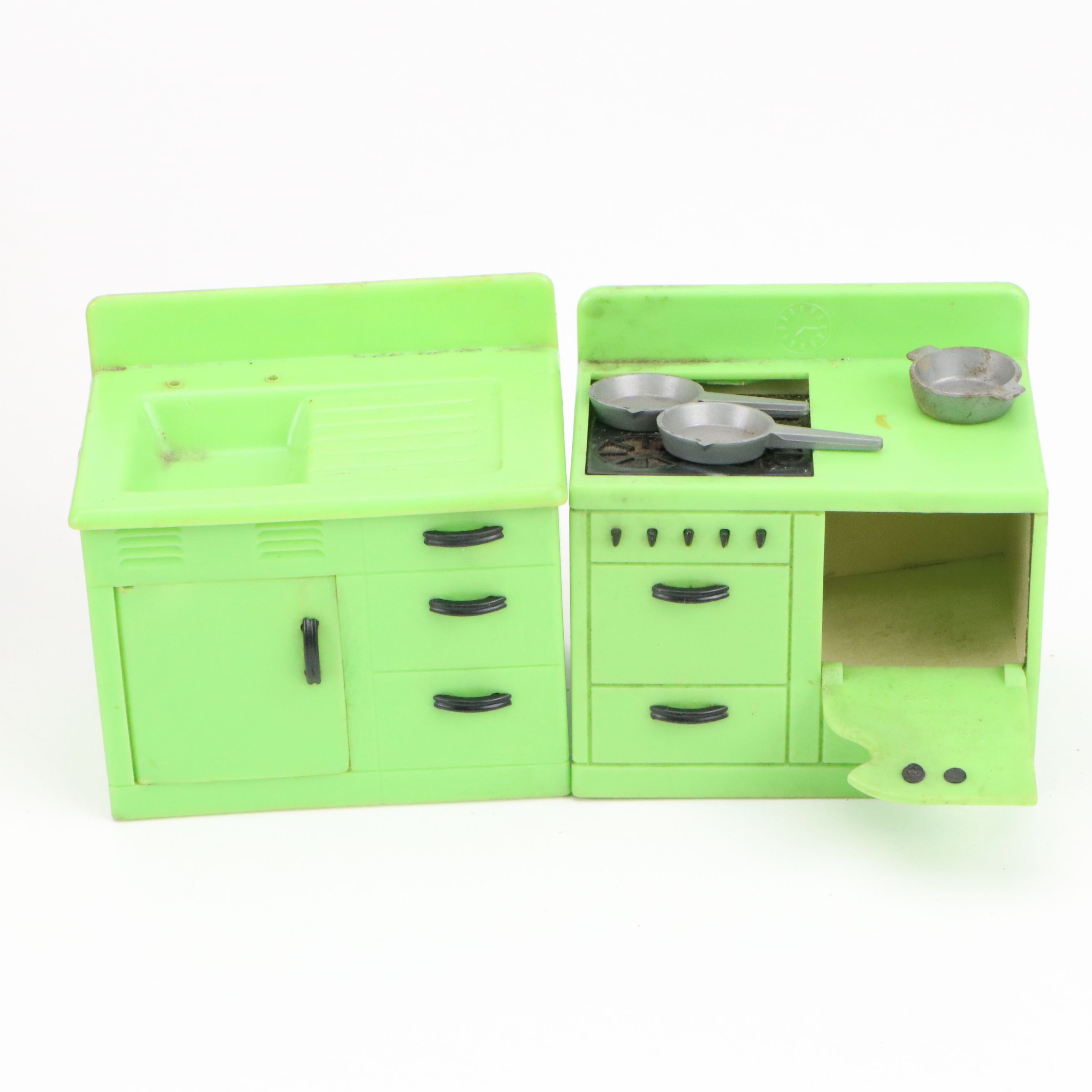 Handmade Wood Dollhouse with Figures and Furniture, Late 20th Century