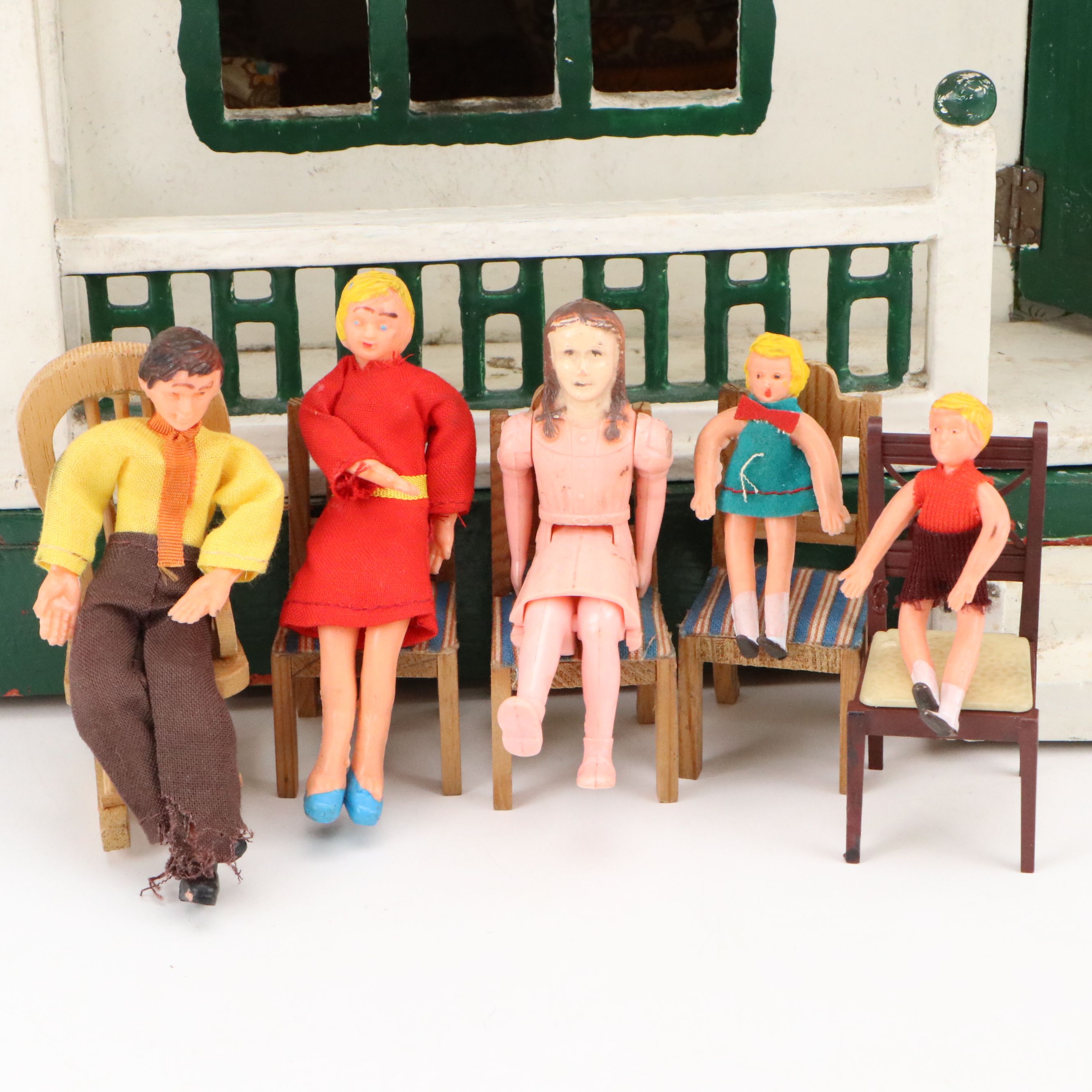 Handmade Wood Dollhouse with Figures and Furniture, Late 20th Century