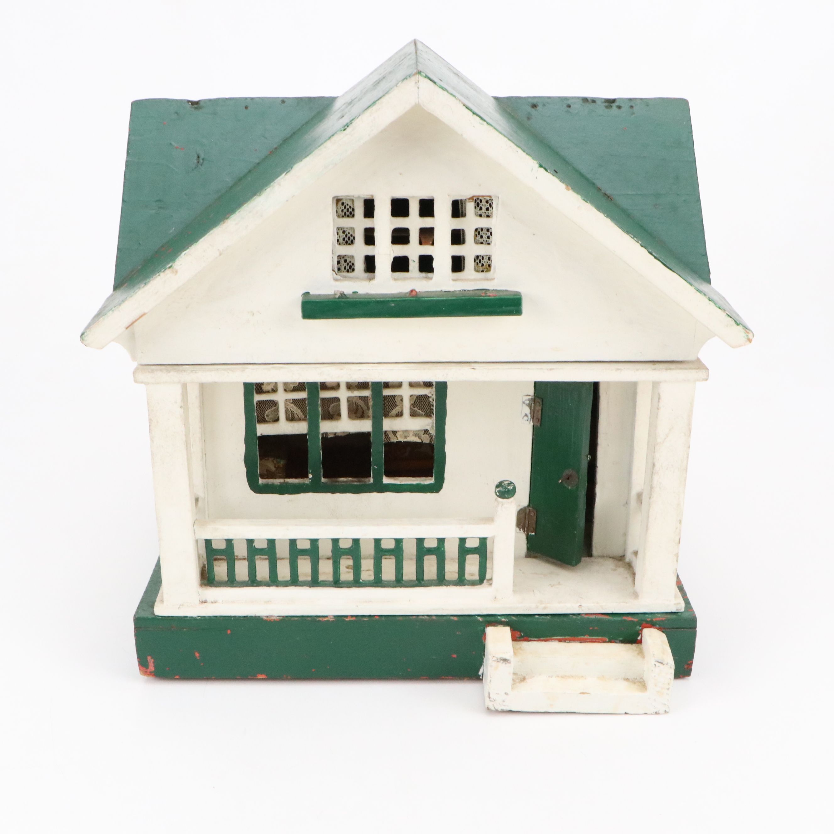 Handmade Wood Dollhouse with Figures and Furniture, Late 20th Century