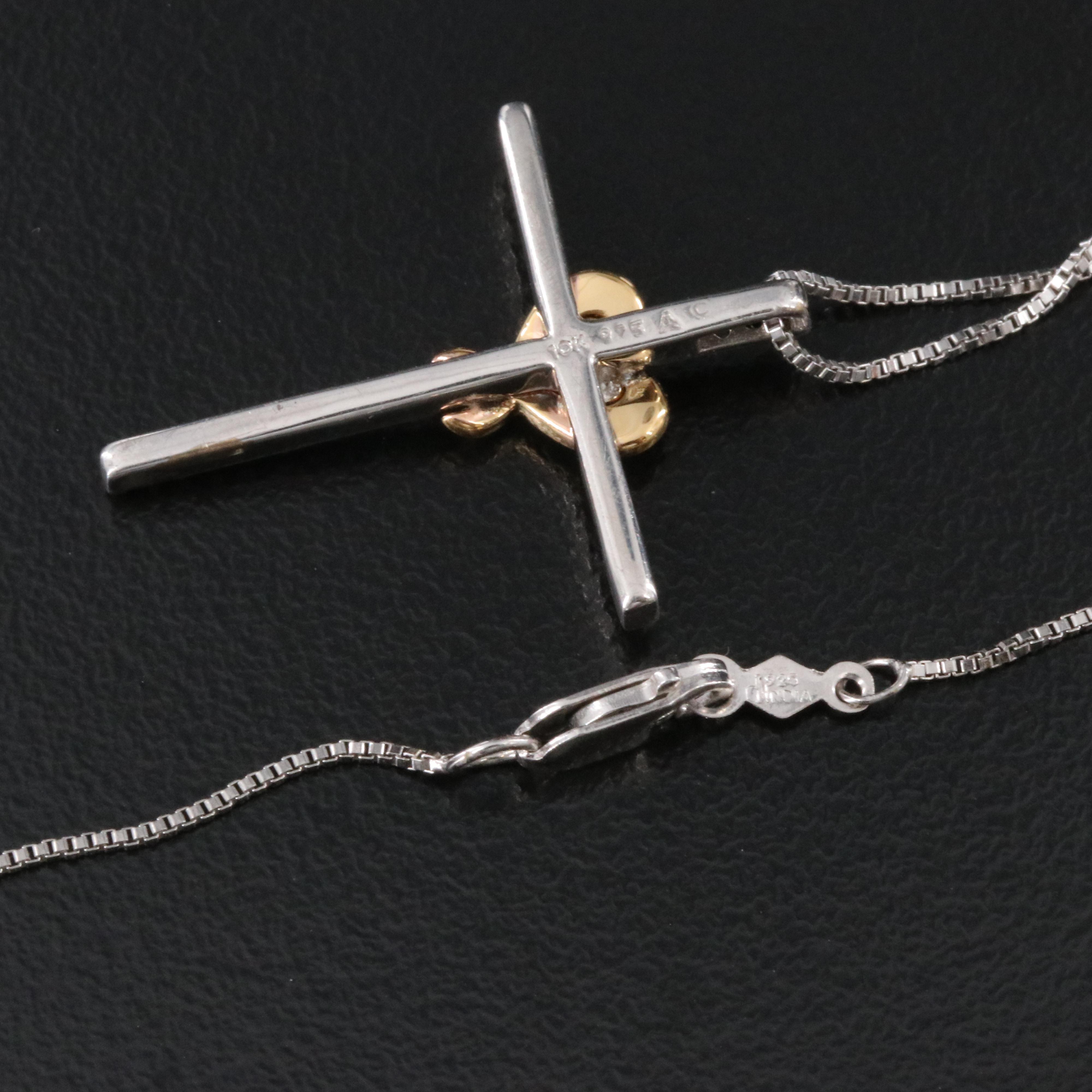 Sterling Diamond Cross with 10K Yellow Gold Accent