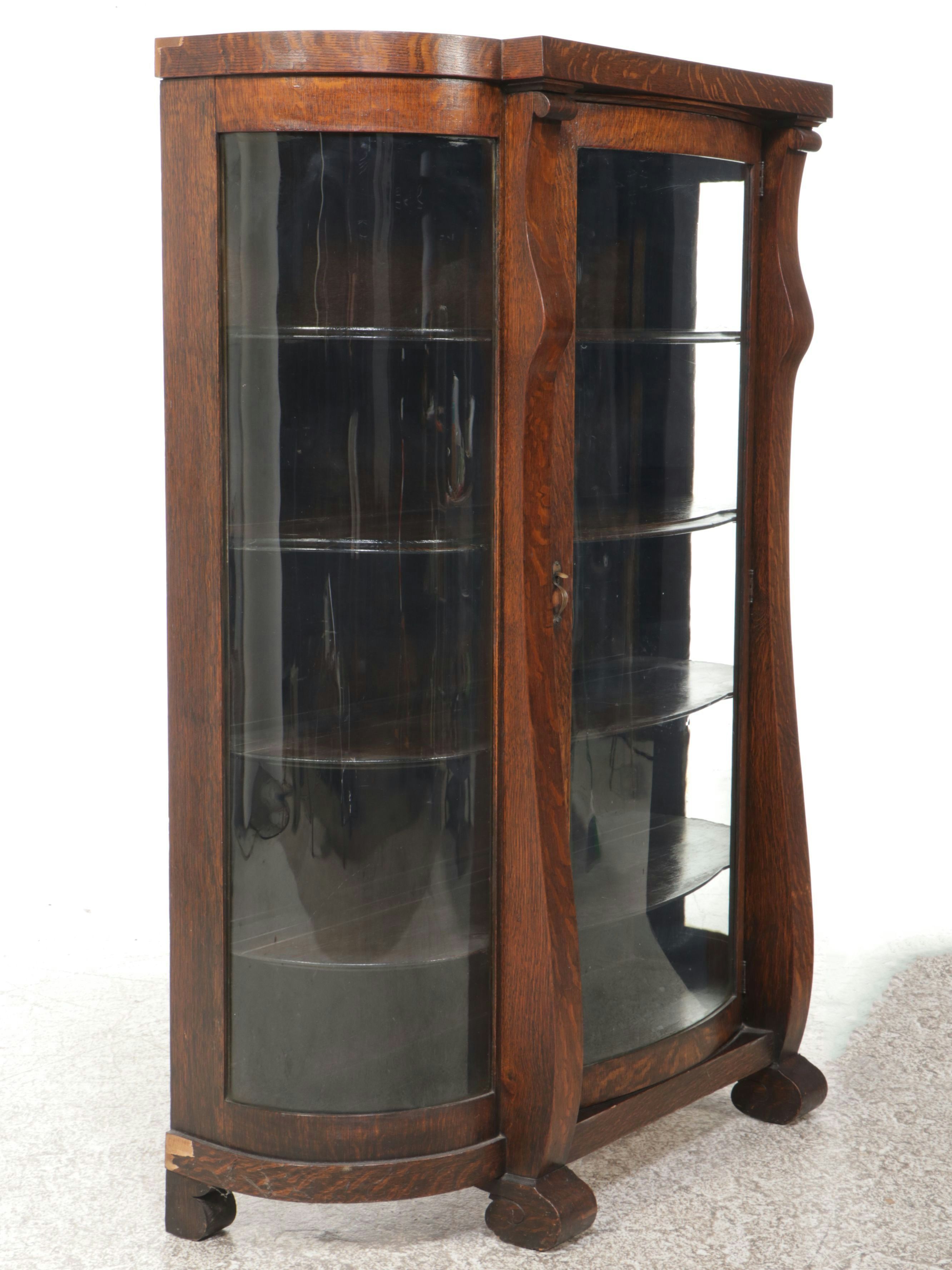 American Empire Style Oak and Curled Glass China Cabinet, Early 20th Century