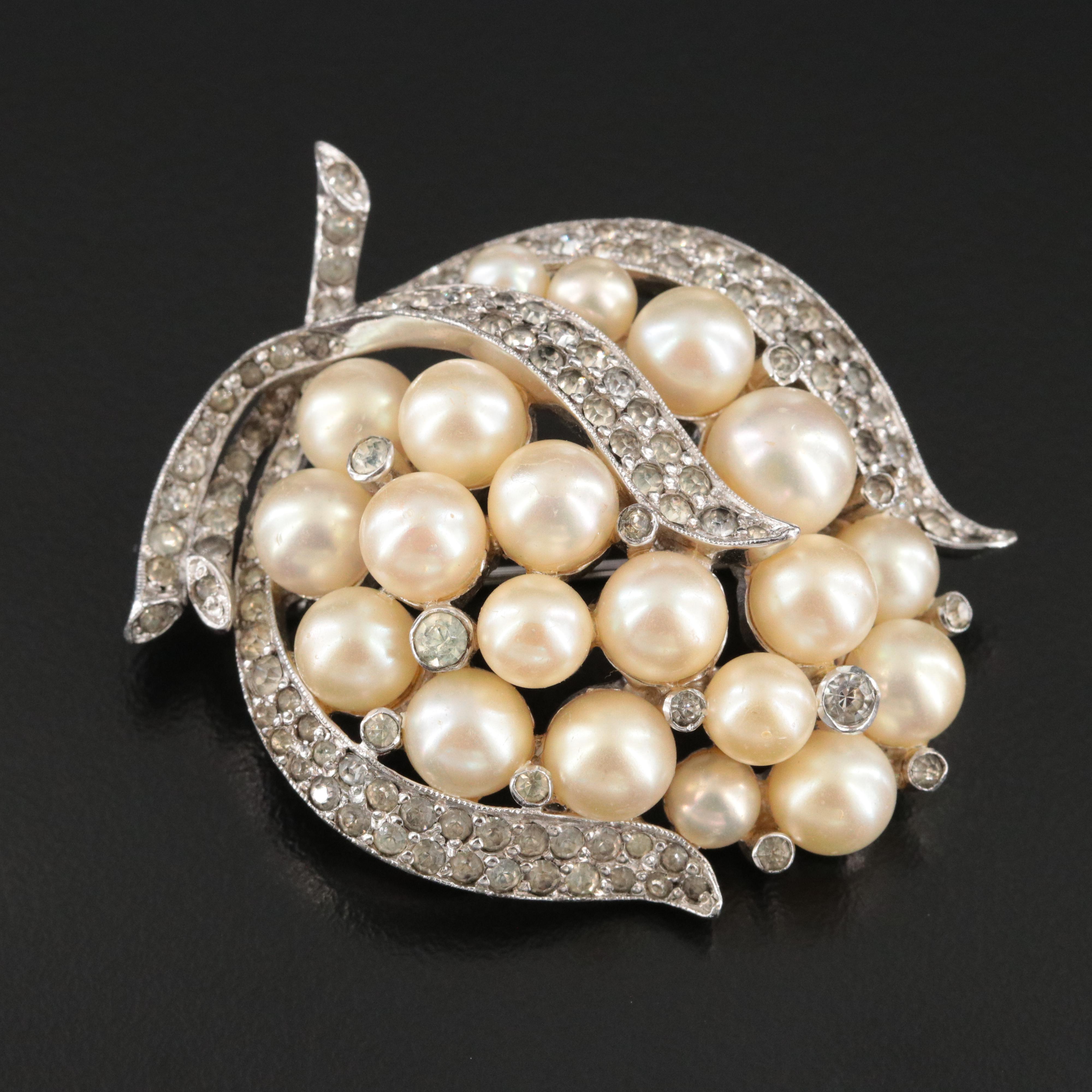 Vintage Joseph Mazer & Co. Faux Pearl and Rhinestone Brooch