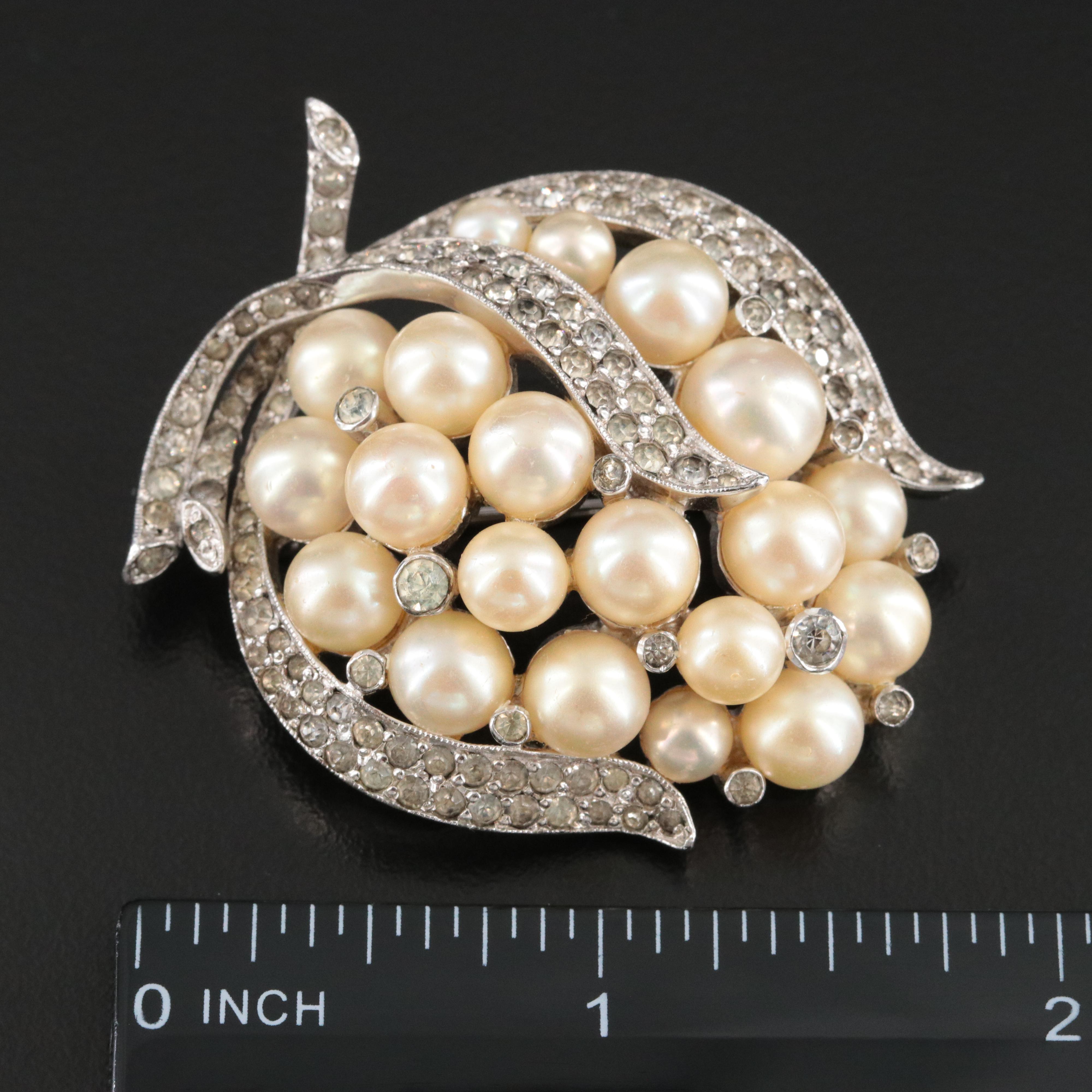 Vintage Joseph Mazer & Co. Faux Pearl and Rhinestone Brooch