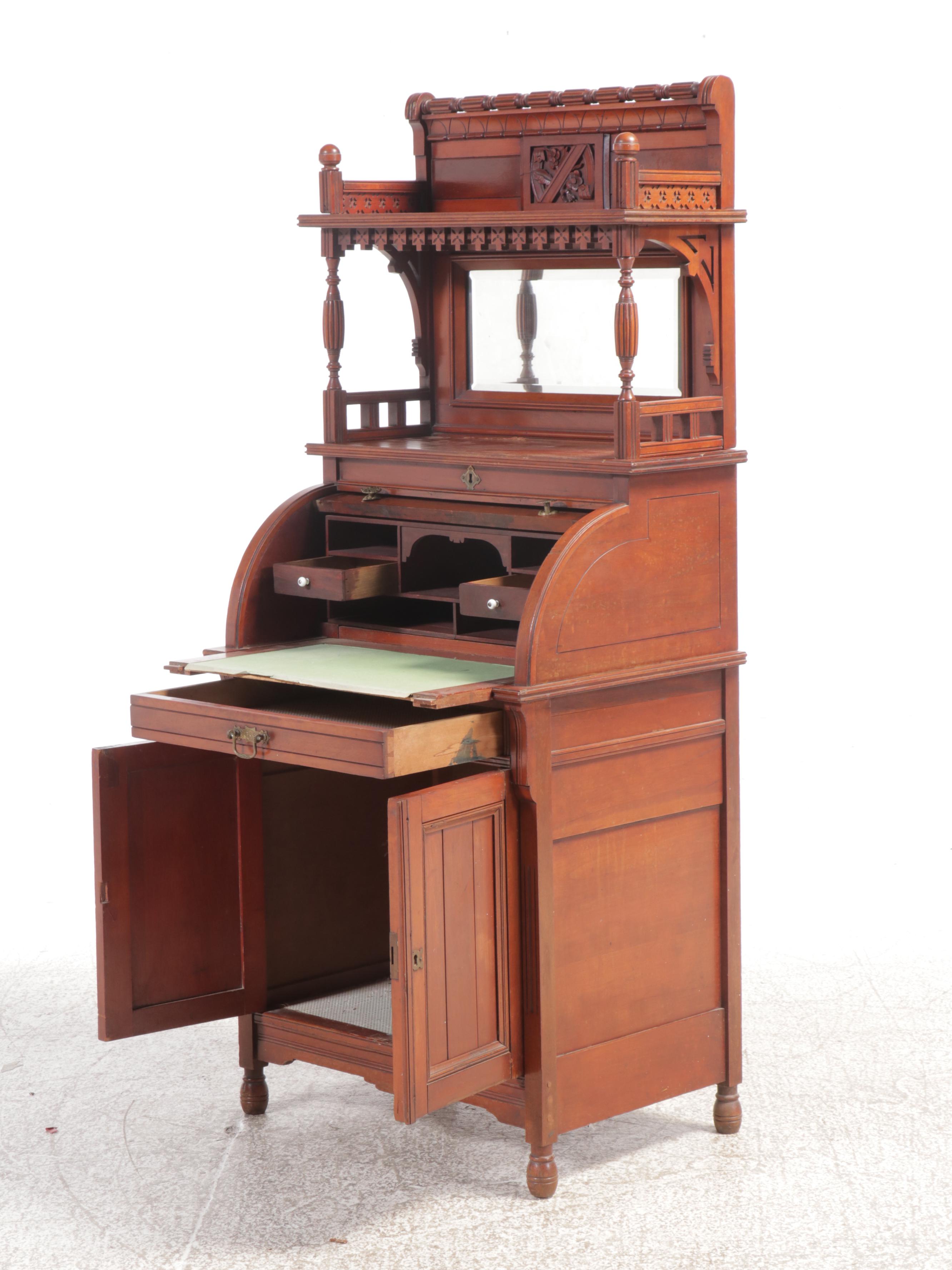 Victorian Eastlake Mahogany Cylinder Roll-Top Desk, Late 19th/Early 20th C.