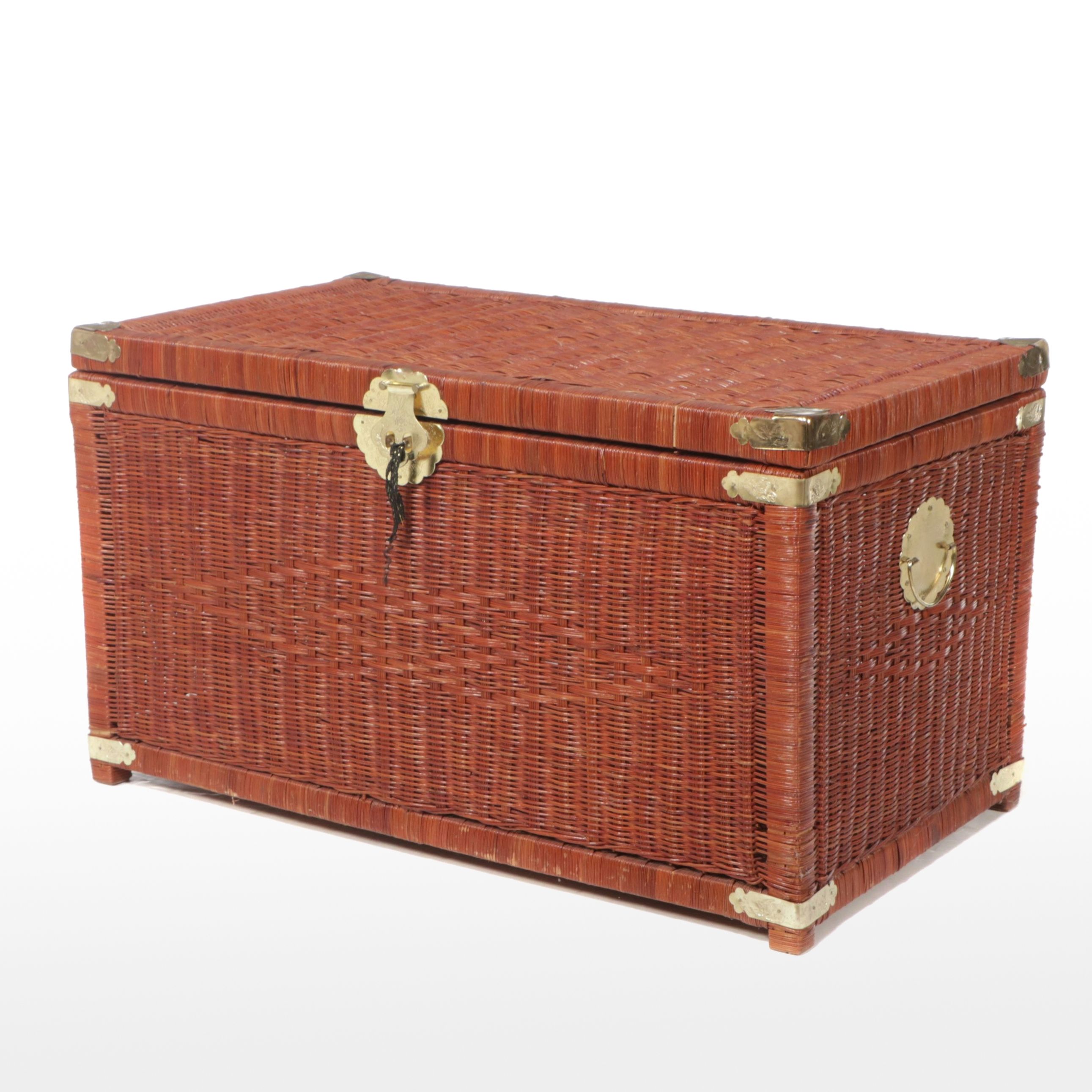 Chinese Style Brass Mount Wicker Rattan Chest, Late 20th Century