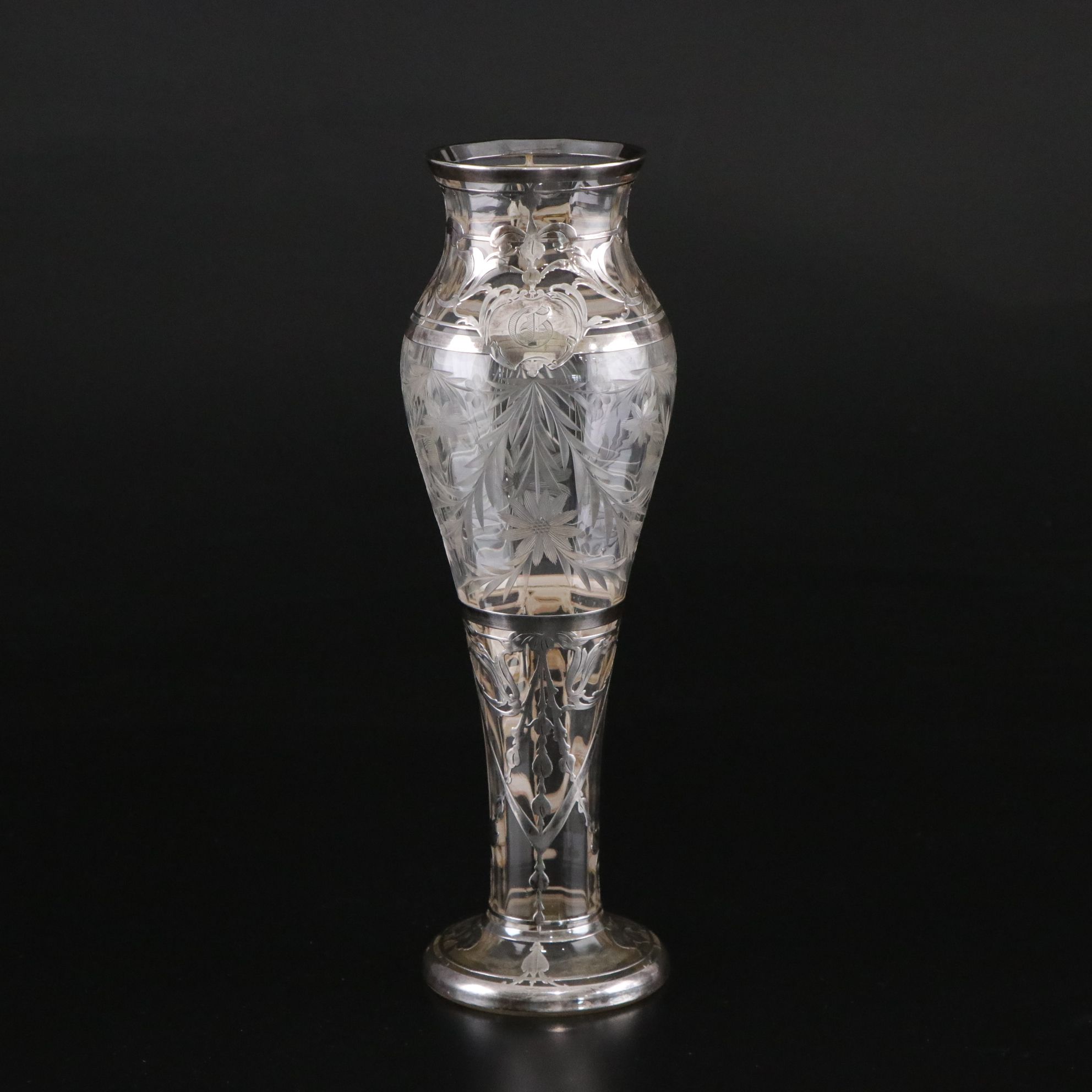 Antique Intaglio Cut Glass Pedestal Vase with Sterling Overlay