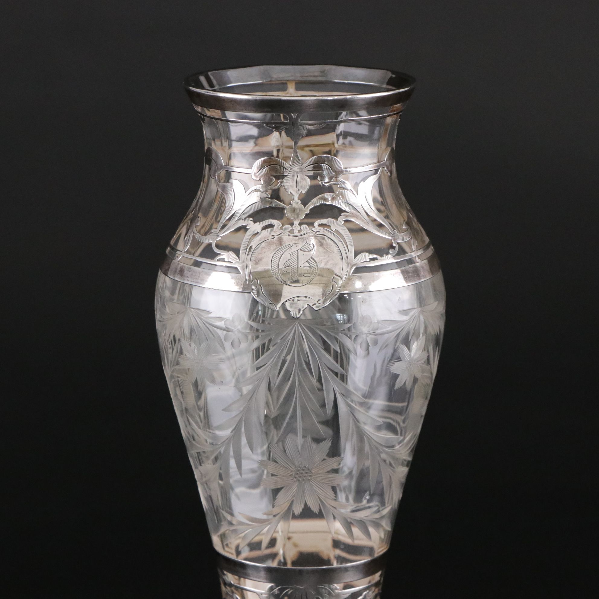 Antique Intaglio Cut Glass Pedestal Vase with Sterling Overlay