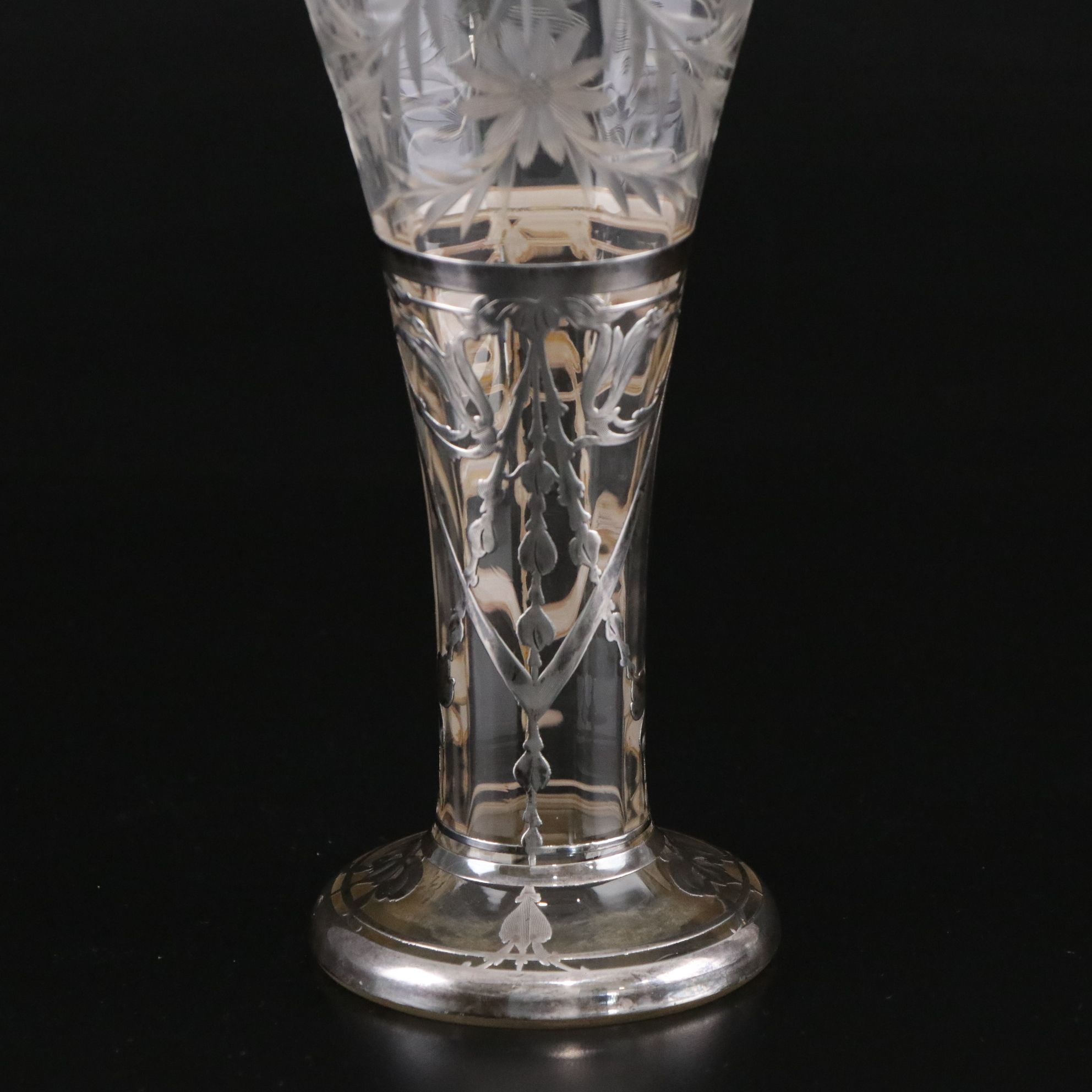 Antique Intaglio Cut Glass Pedestal Vase with Sterling Overlay
