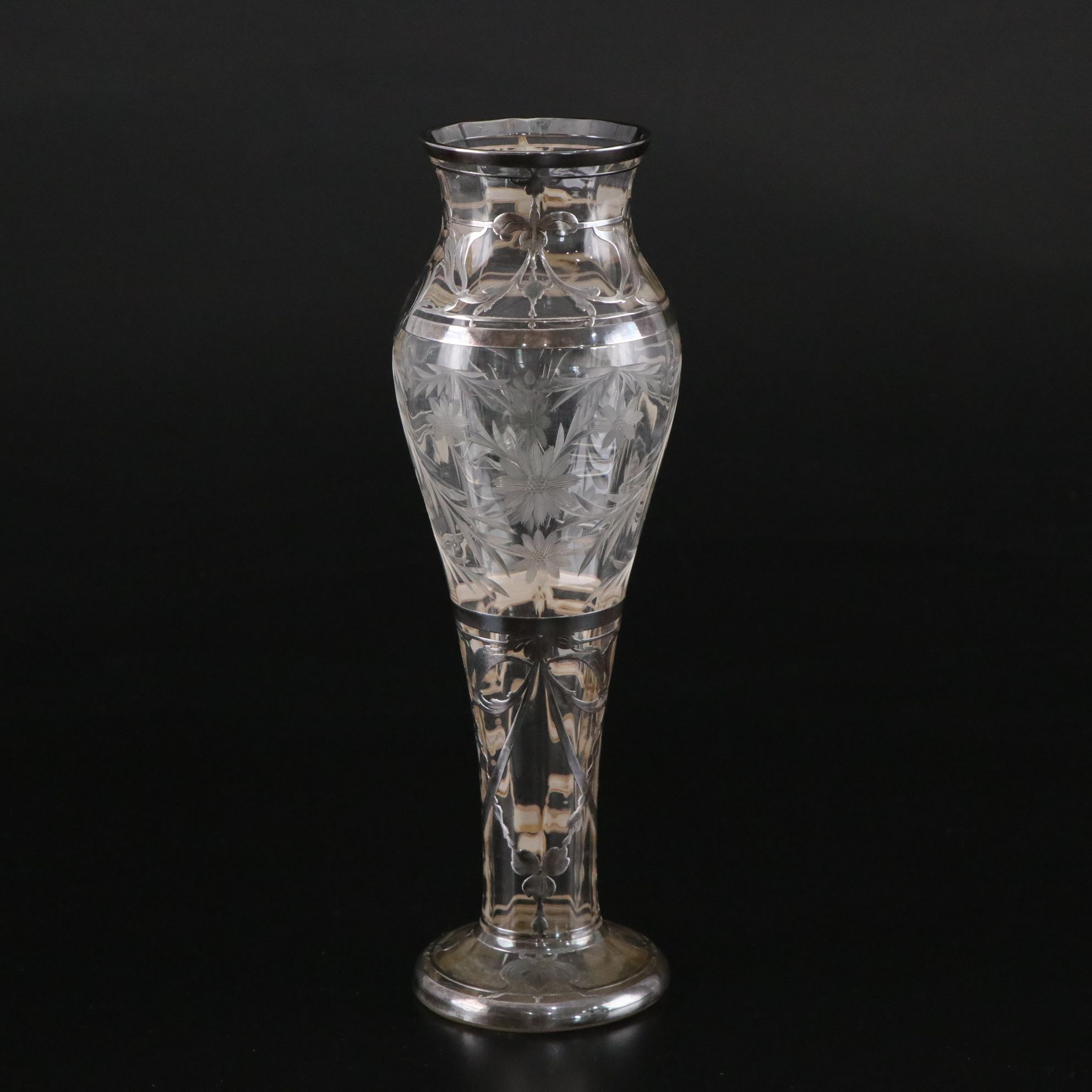Antique Intaglio Cut Glass Pedestal Vase with Sterling Overlay
