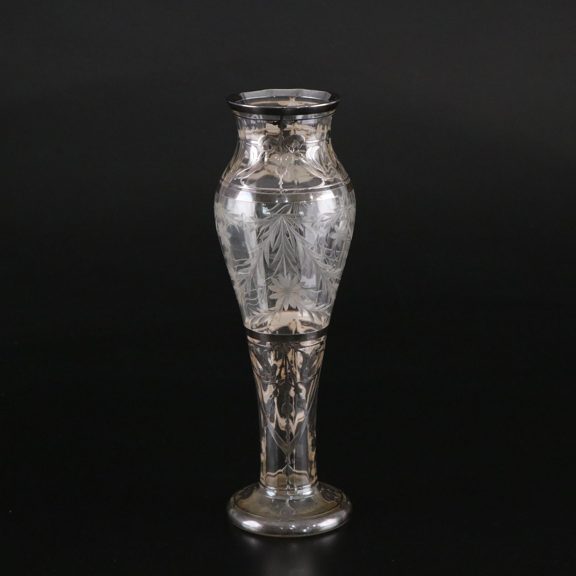 Antique Intaglio Cut Glass Pedestal Vase with Sterling Overlay