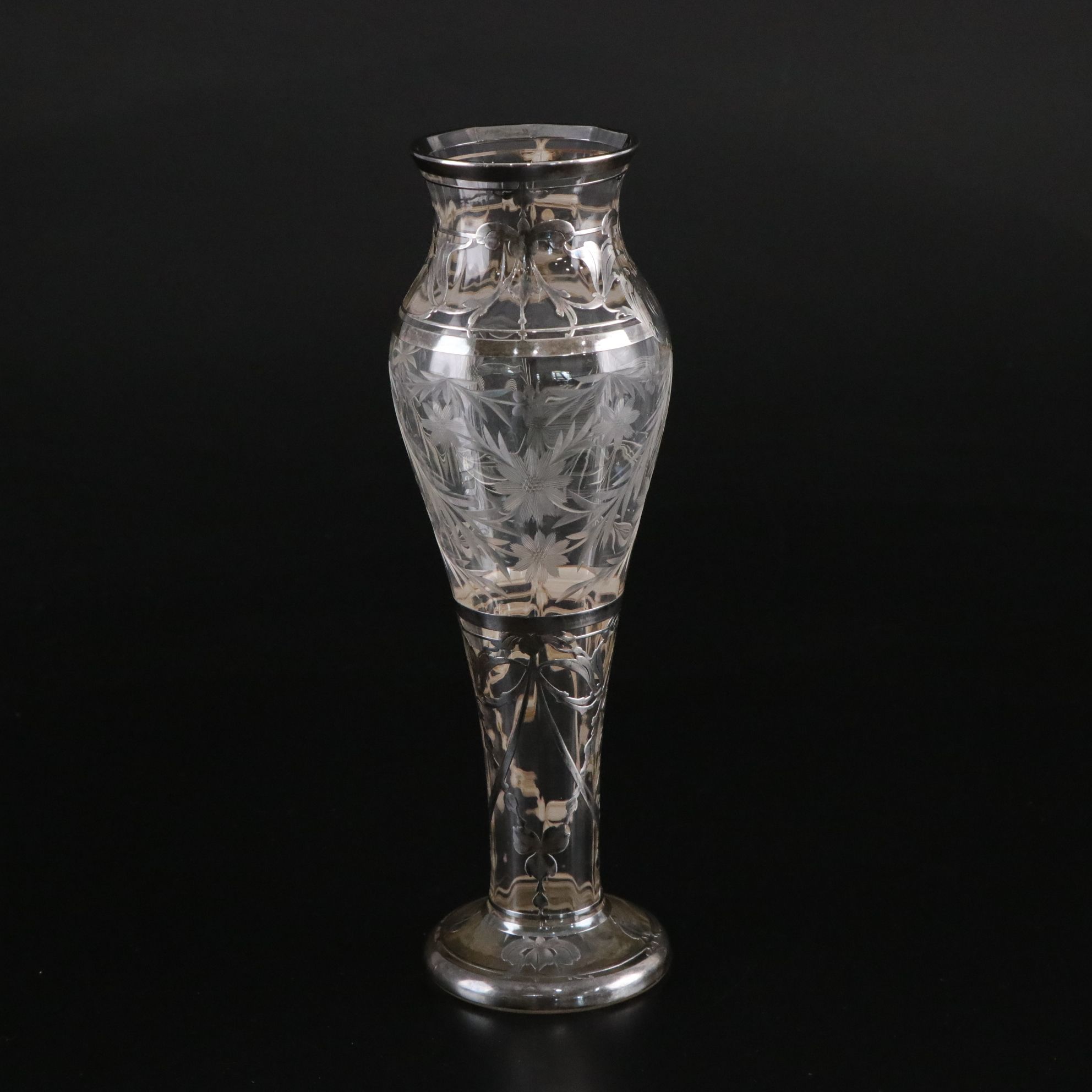 Antique Intaglio Cut Glass Pedestal Vase with Sterling Overlay
