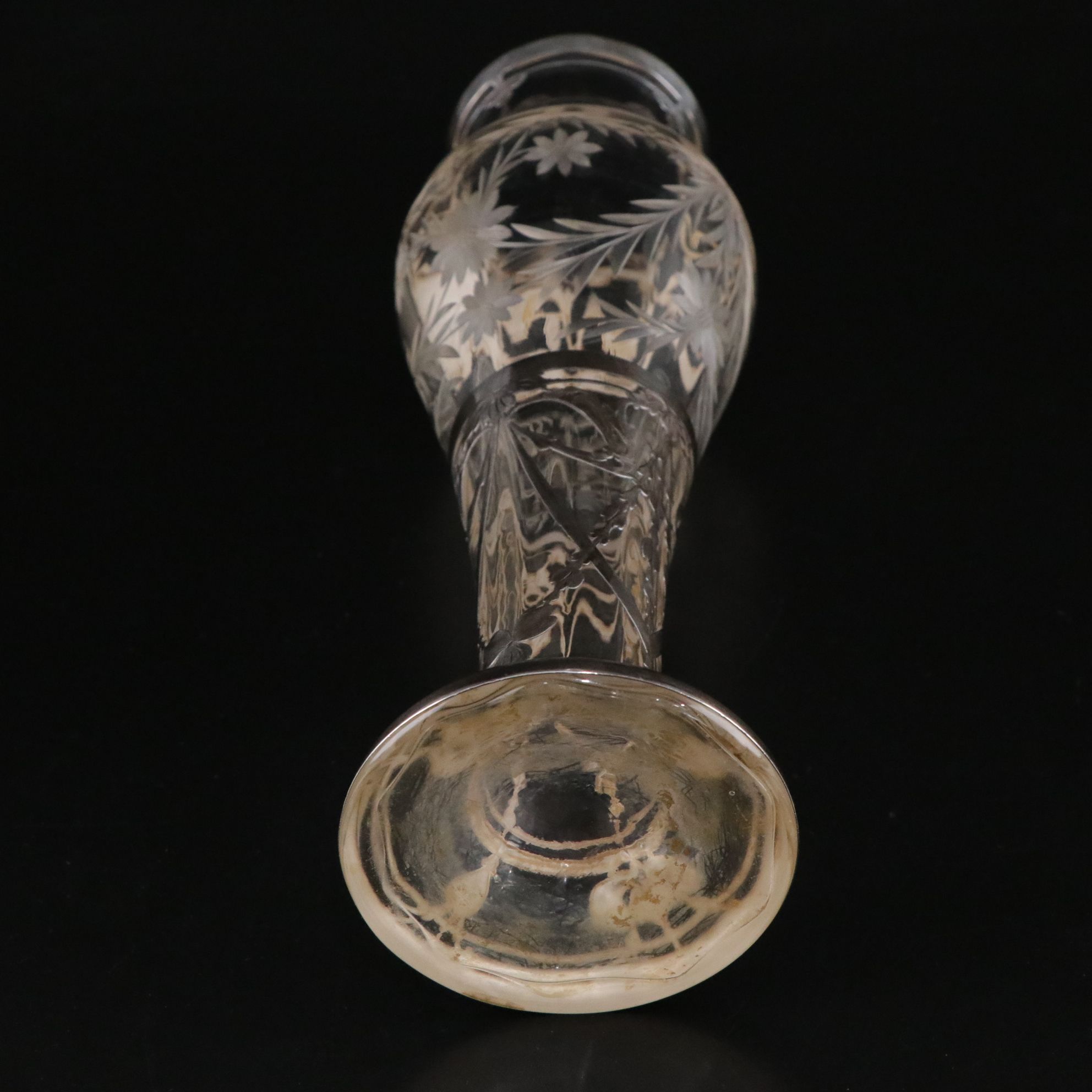 Antique Intaglio Cut Glass Pedestal Vase with Sterling Overlay