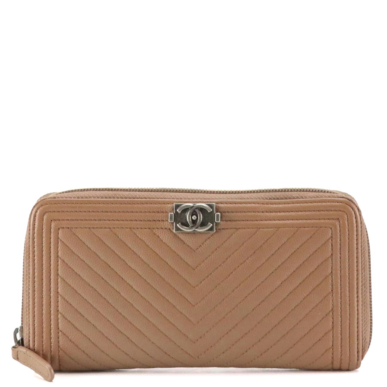 Chanel Zip Around Boy Wallet in Mocha Brown Chevron Quilted Caviar Leather