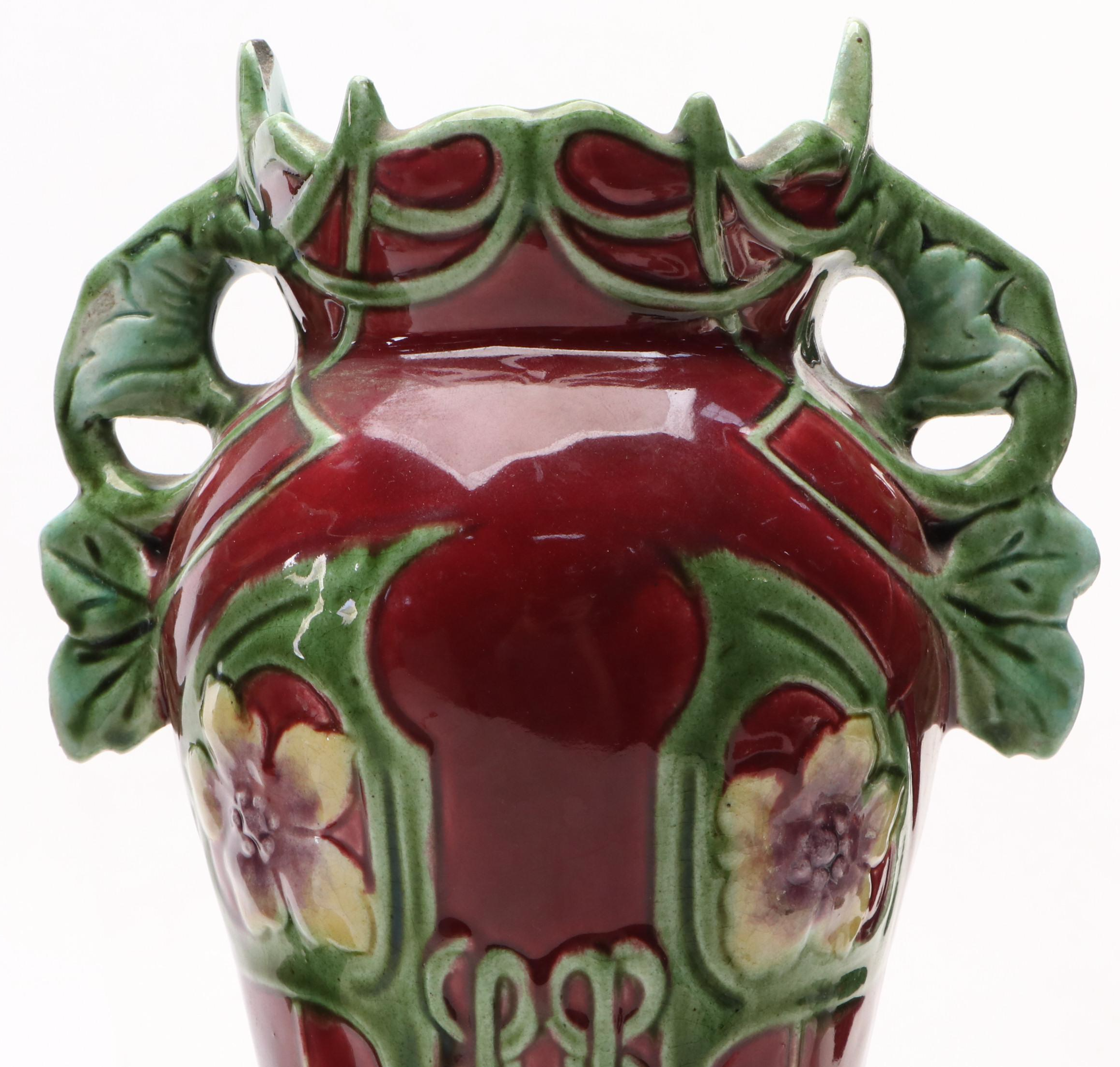 Art Nouveau Green and Burgundy Floral Porcelain Vases