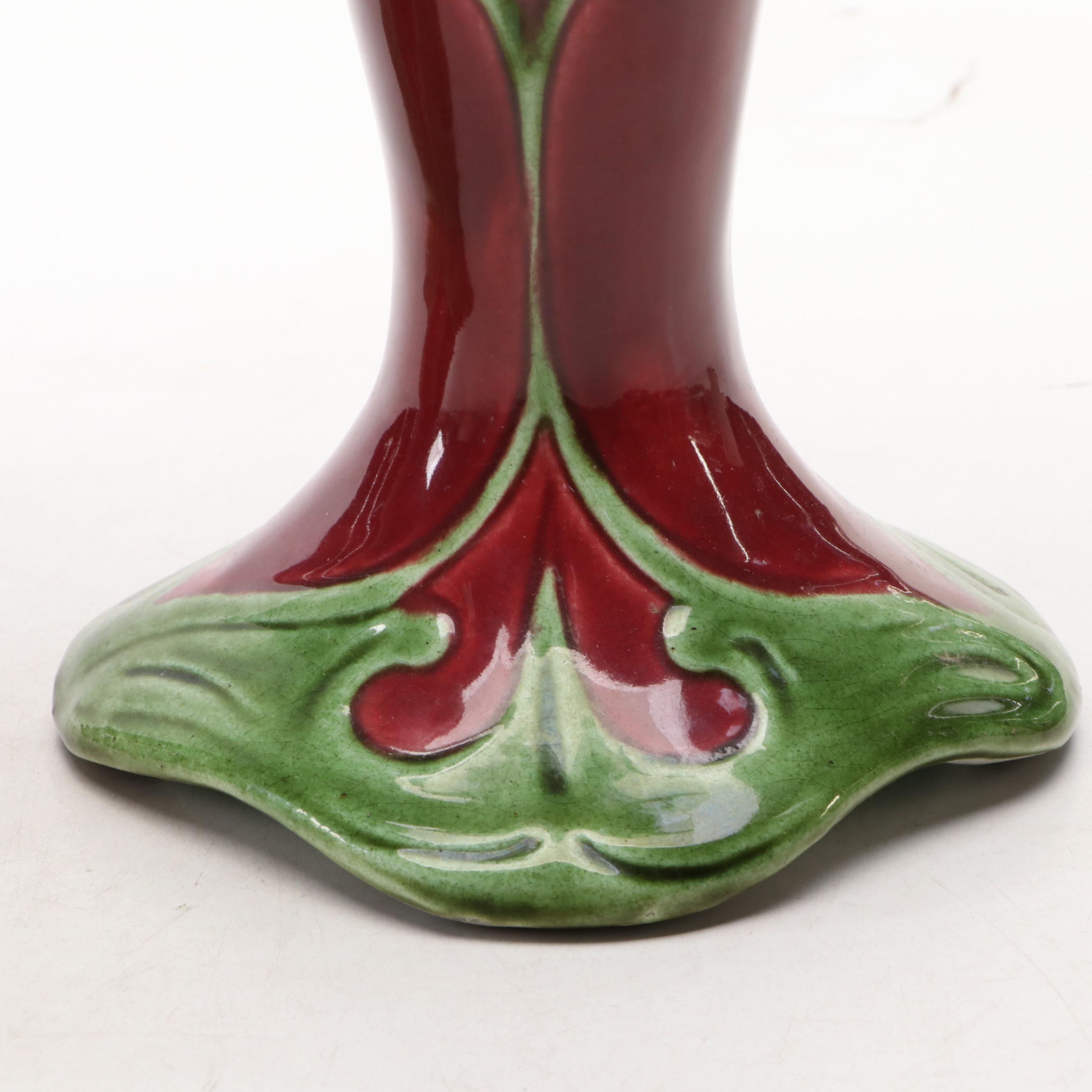Art Nouveau Green and Burgundy Floral Porcelain Vases