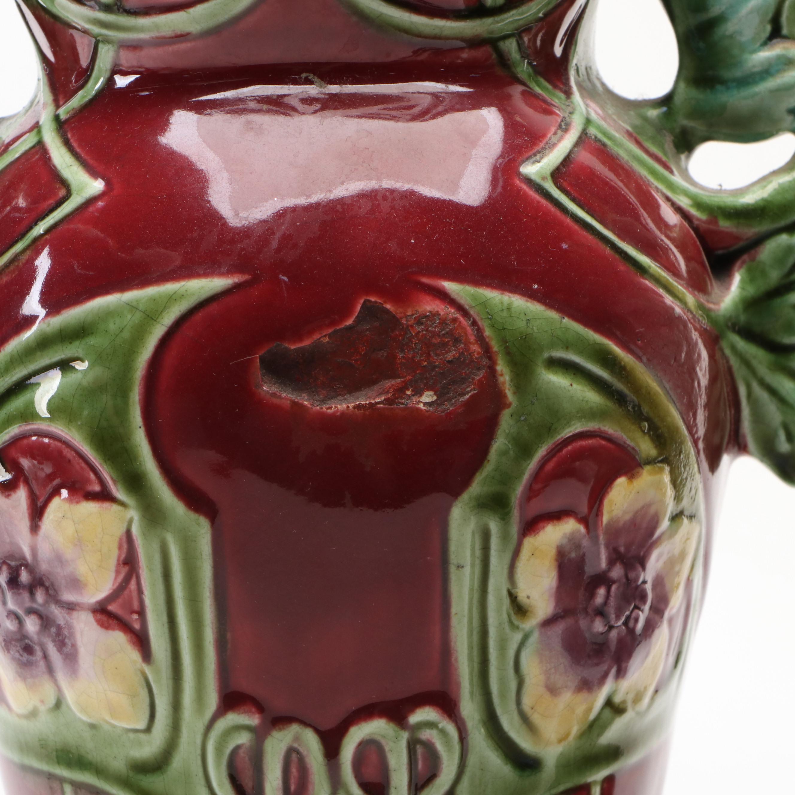 Art Nouveau Green and Burgundy Floral Porcelain Vases