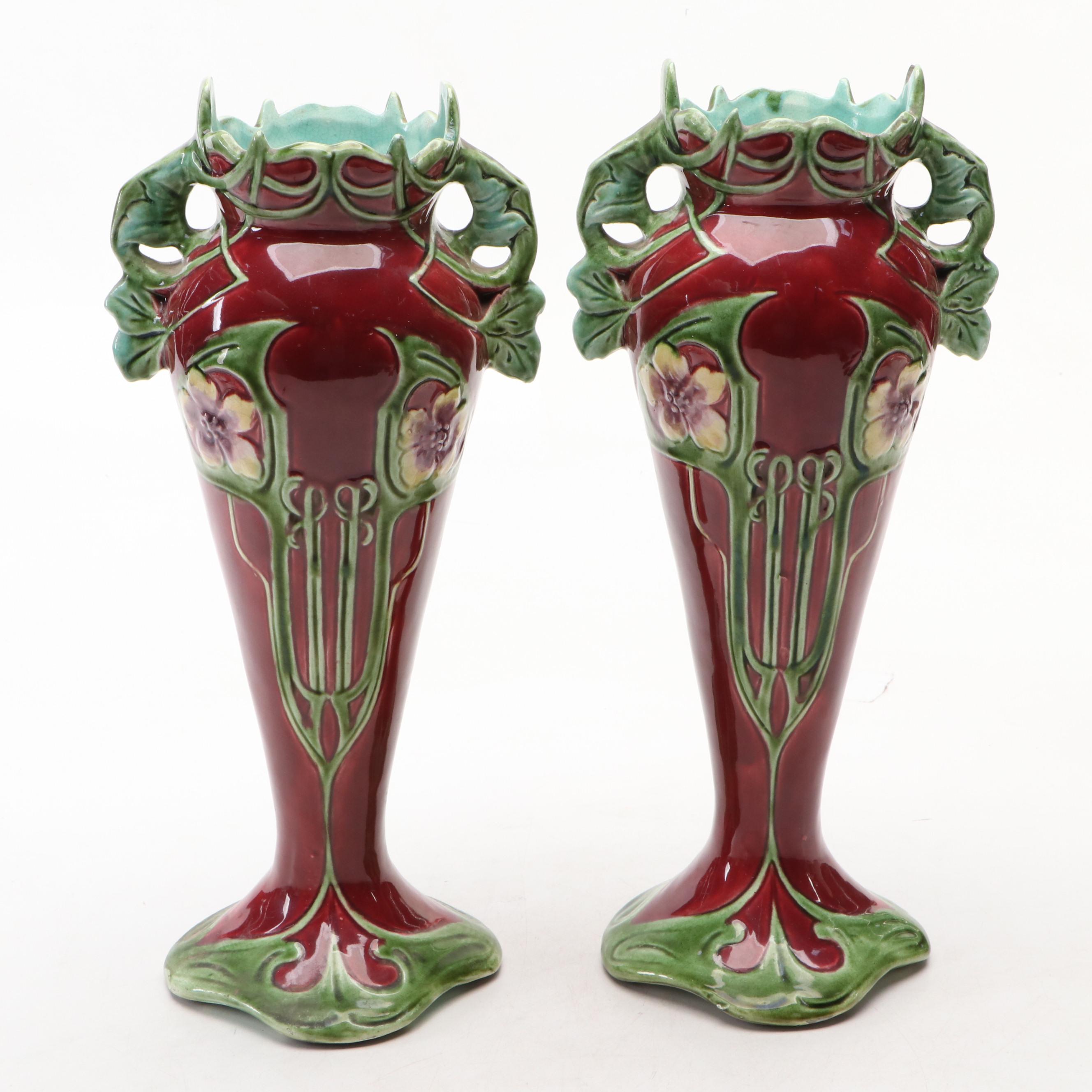 Art Nouveau Green and Burgundy Floral Porcelain Vases
