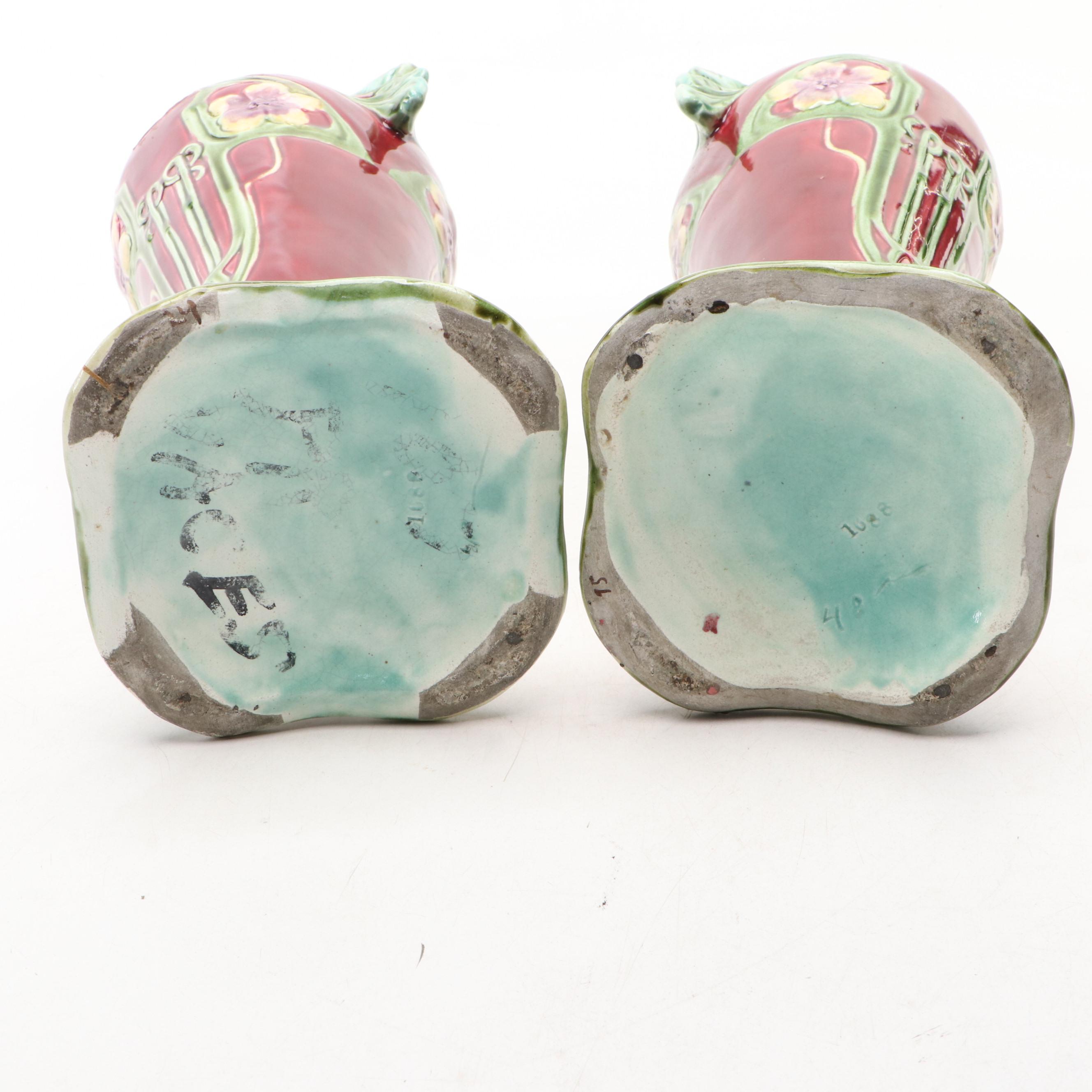 Art Nouveau Green and Burgundy Floral Porcelain Vases